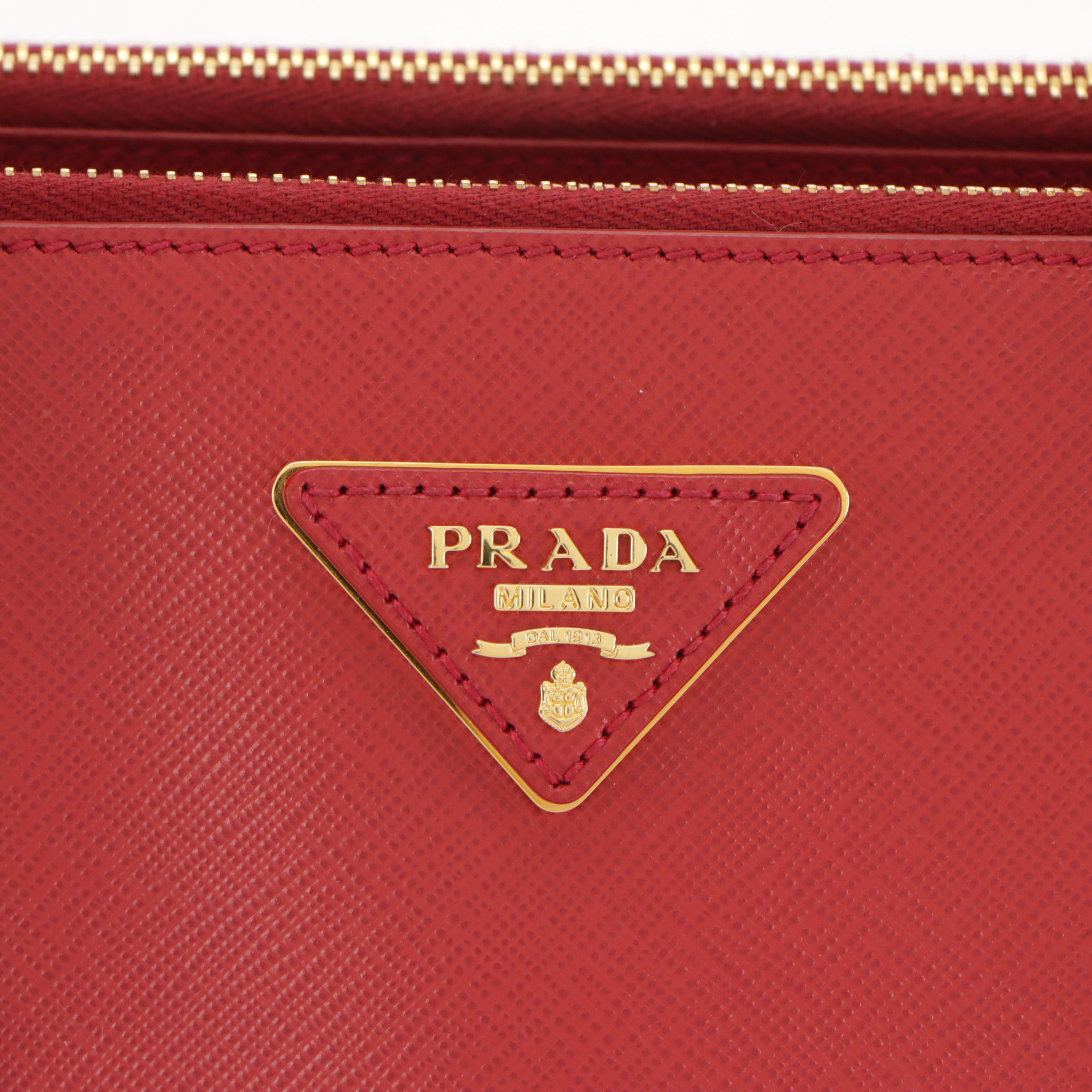 Prada Large Double Zip Galleria Two-Way Bag in Cherry Red Saffiano Lux Leather
