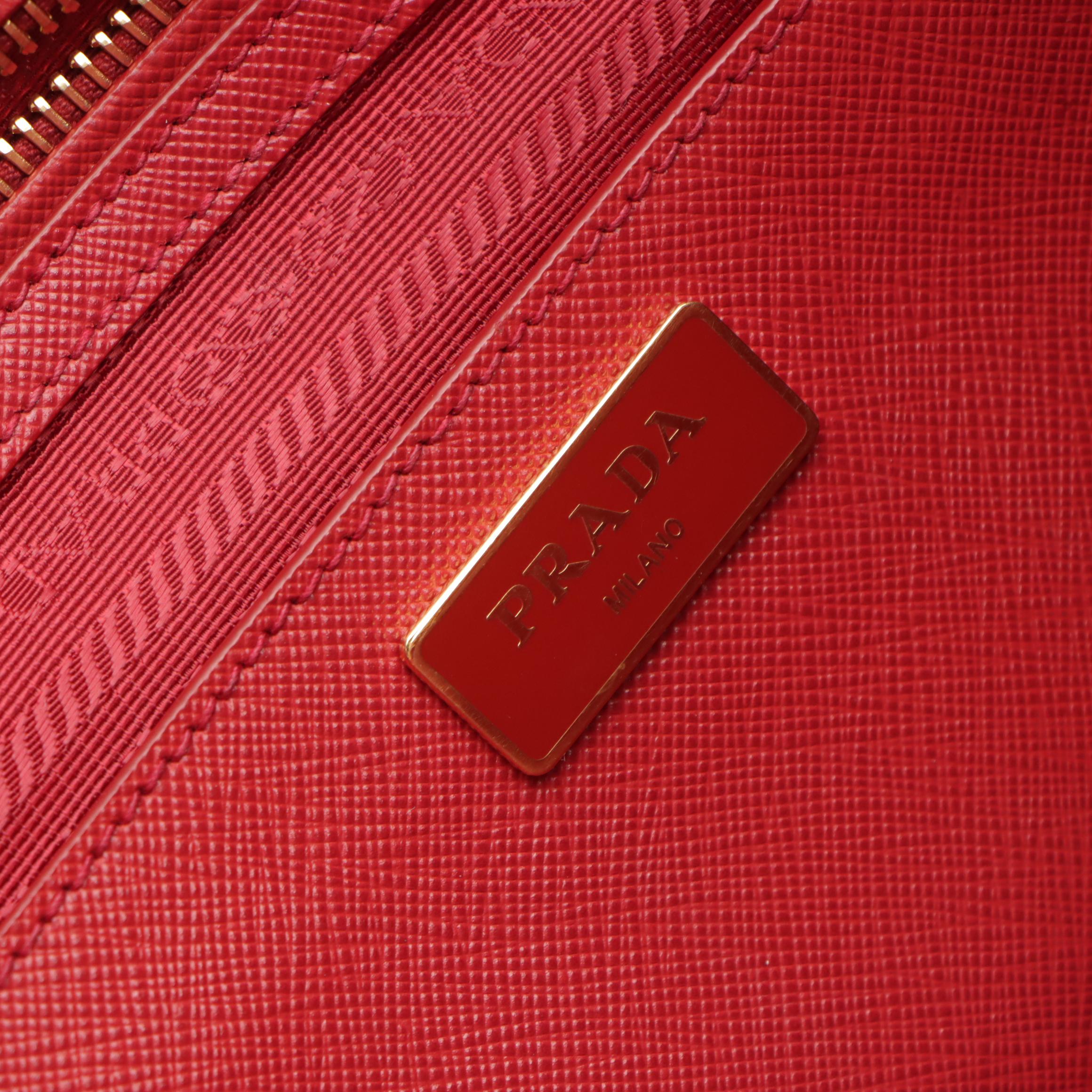 Prada Large Double Zip Galleria Two-Way Bag in Cherry Red Saffiano Lux Leather