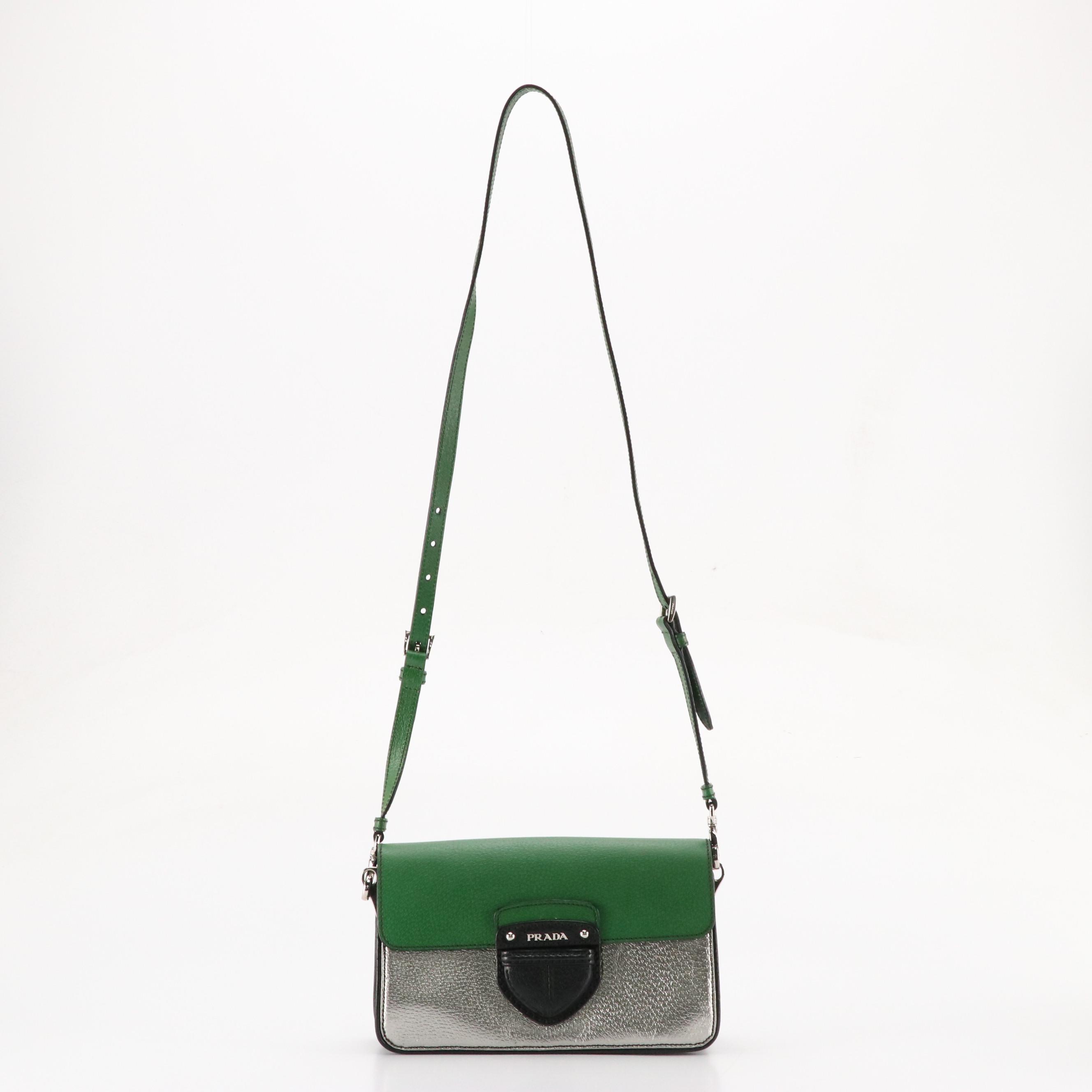 Prada Crossbody Clutch Bag in Black, Green and Metallic Silver Cinghiale Leather