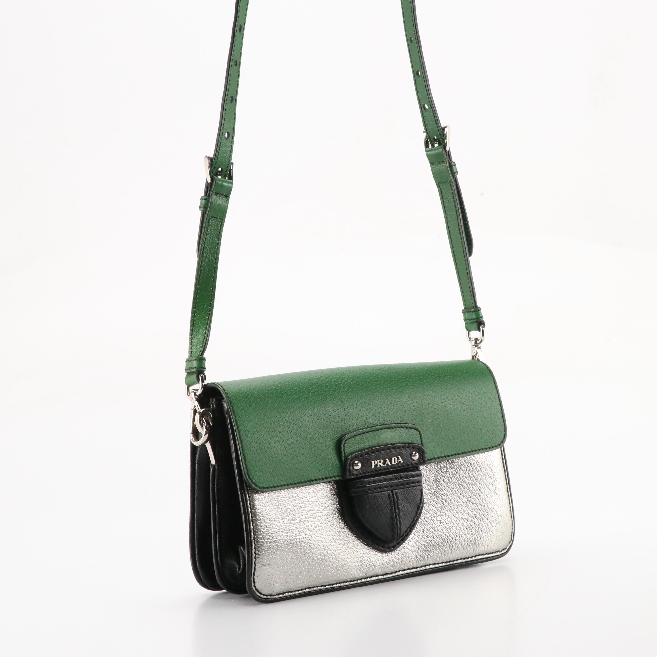Prada Crossbody Clutch Bag in Black, Green and Metallic Silver Cinghiale Leather