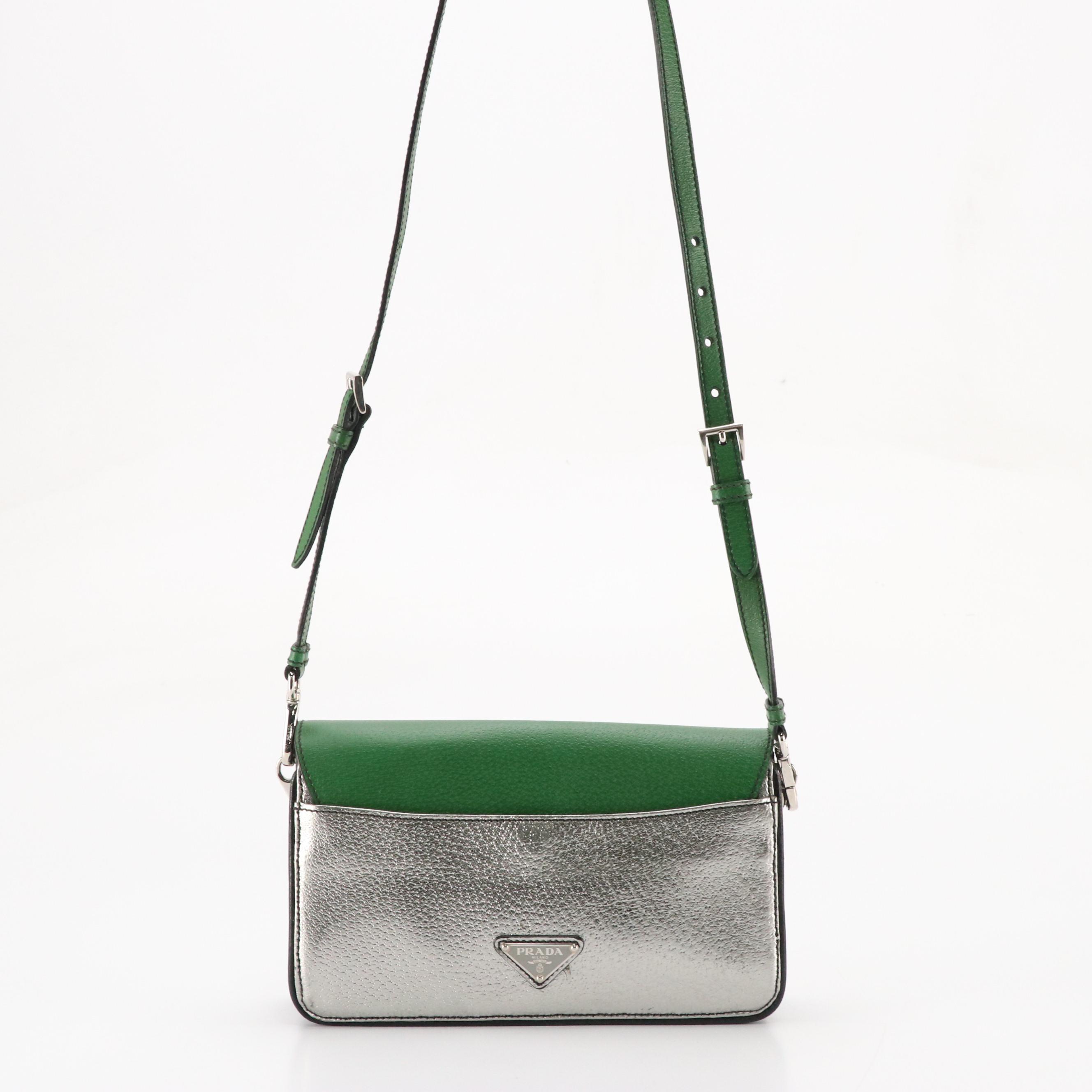 Prada Crossbody Clutch Bag in Black, Green and Metallic Silver Cinghiale Leather