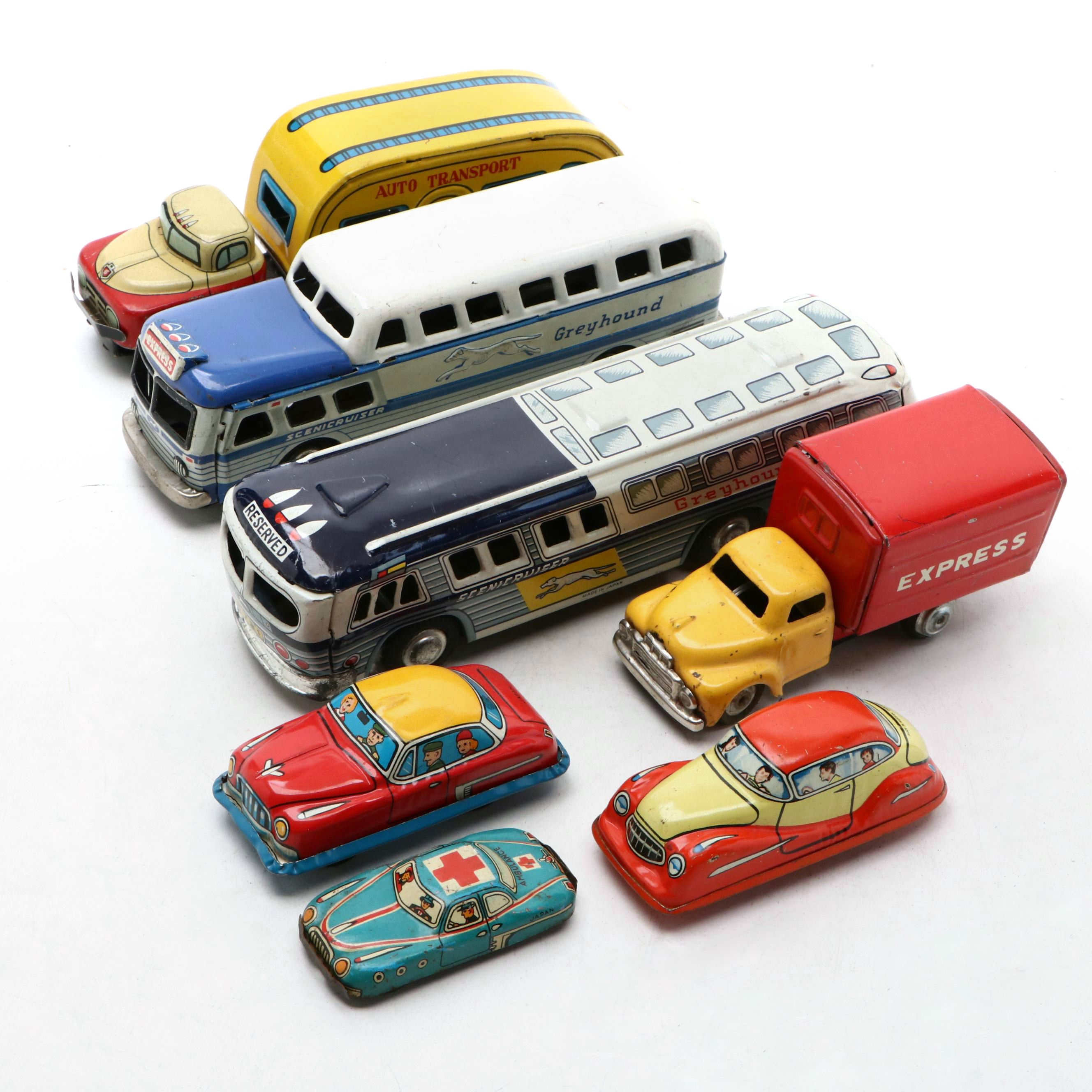Vintage Toy Greyhound Bus with More Japanese and German Toy Cars and Trucks