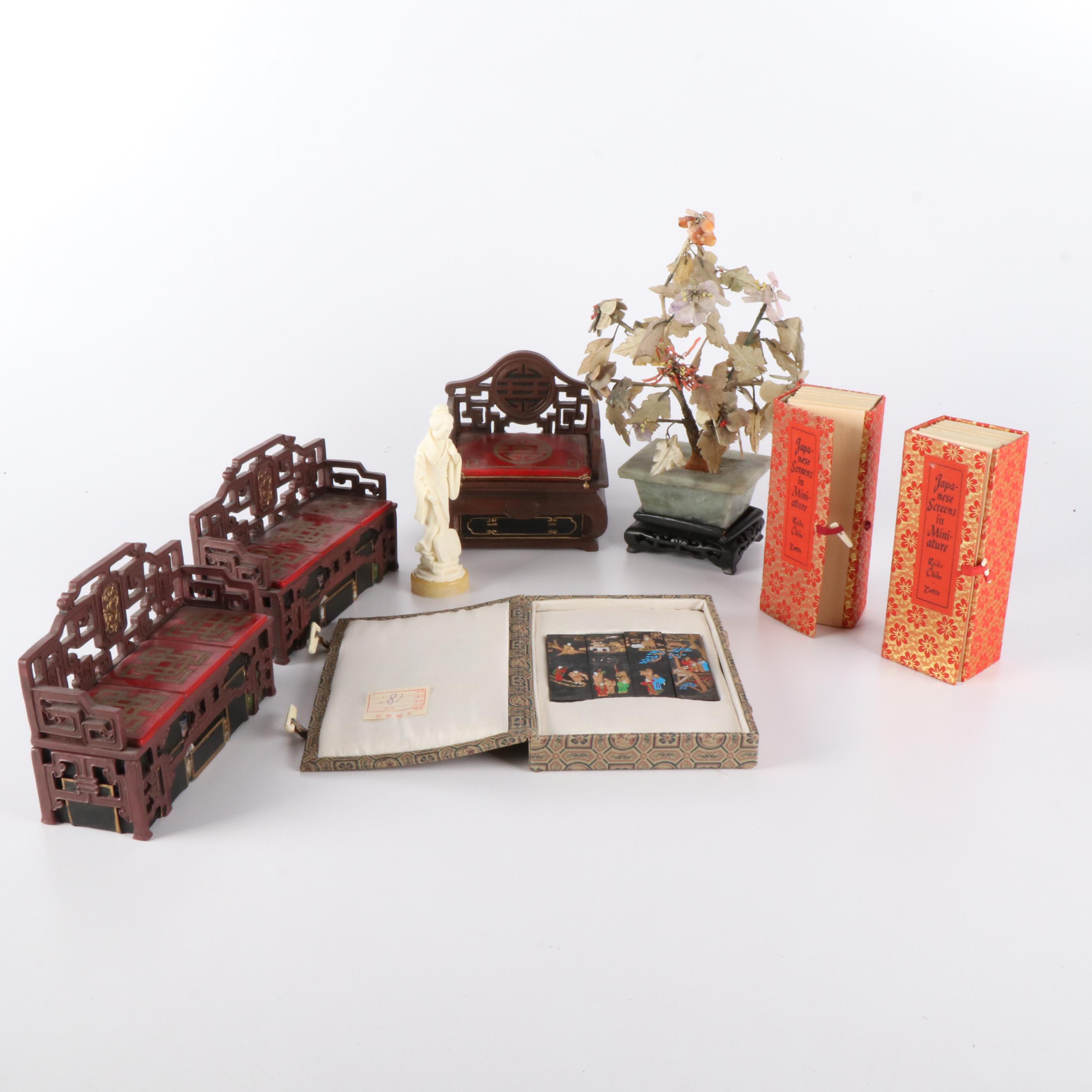 Chinese Carved Miniature Furniture, Guanyin Figure and Gemstone Bonsai