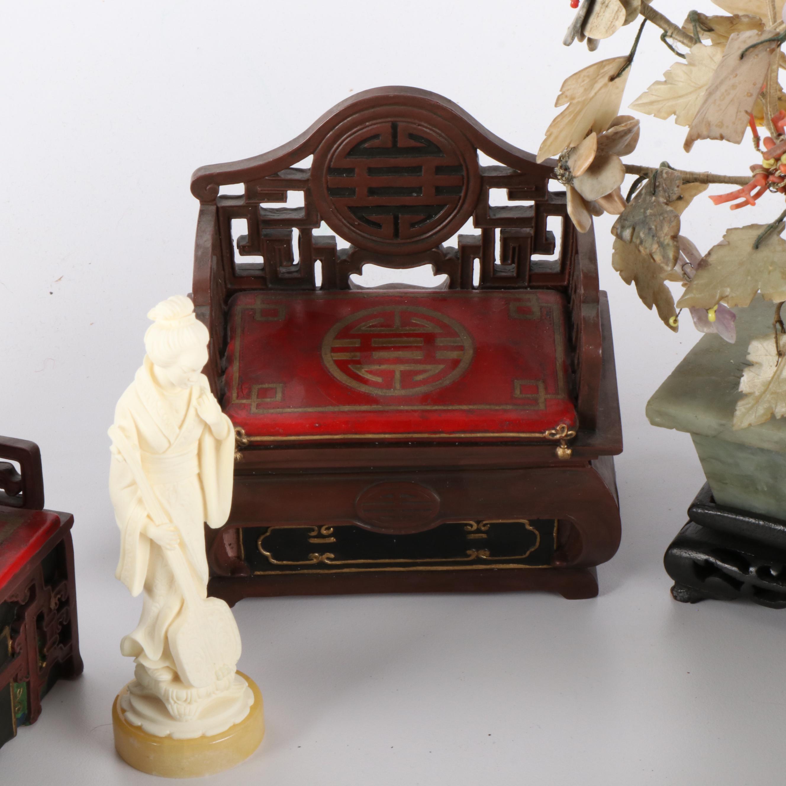 Chinese Carved Miniature Furniture, Guanyin Figure and Gemstone Bonsai