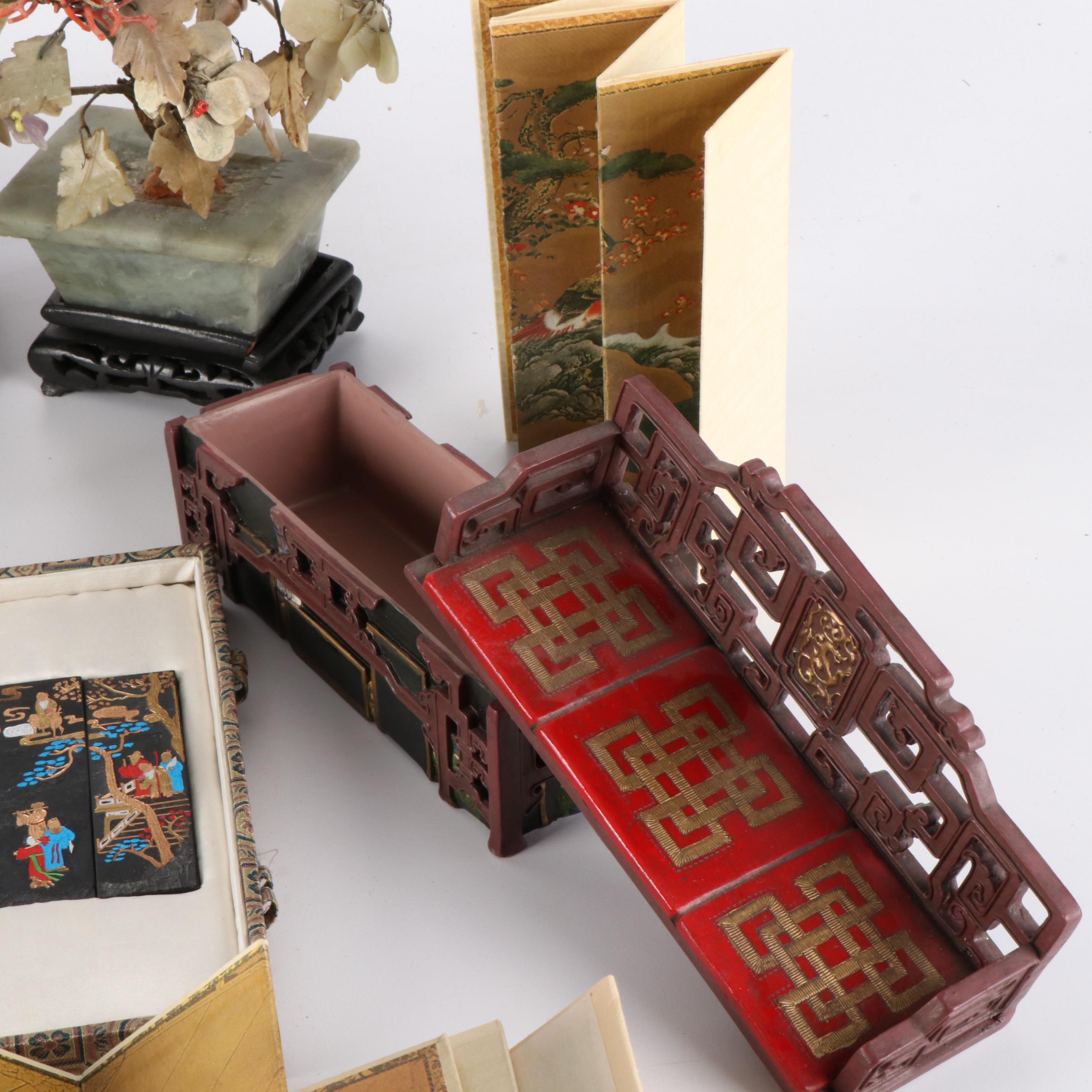 Chinese Carved Miniature Furniture, Guanyin Figure and Gemstone Bonsai