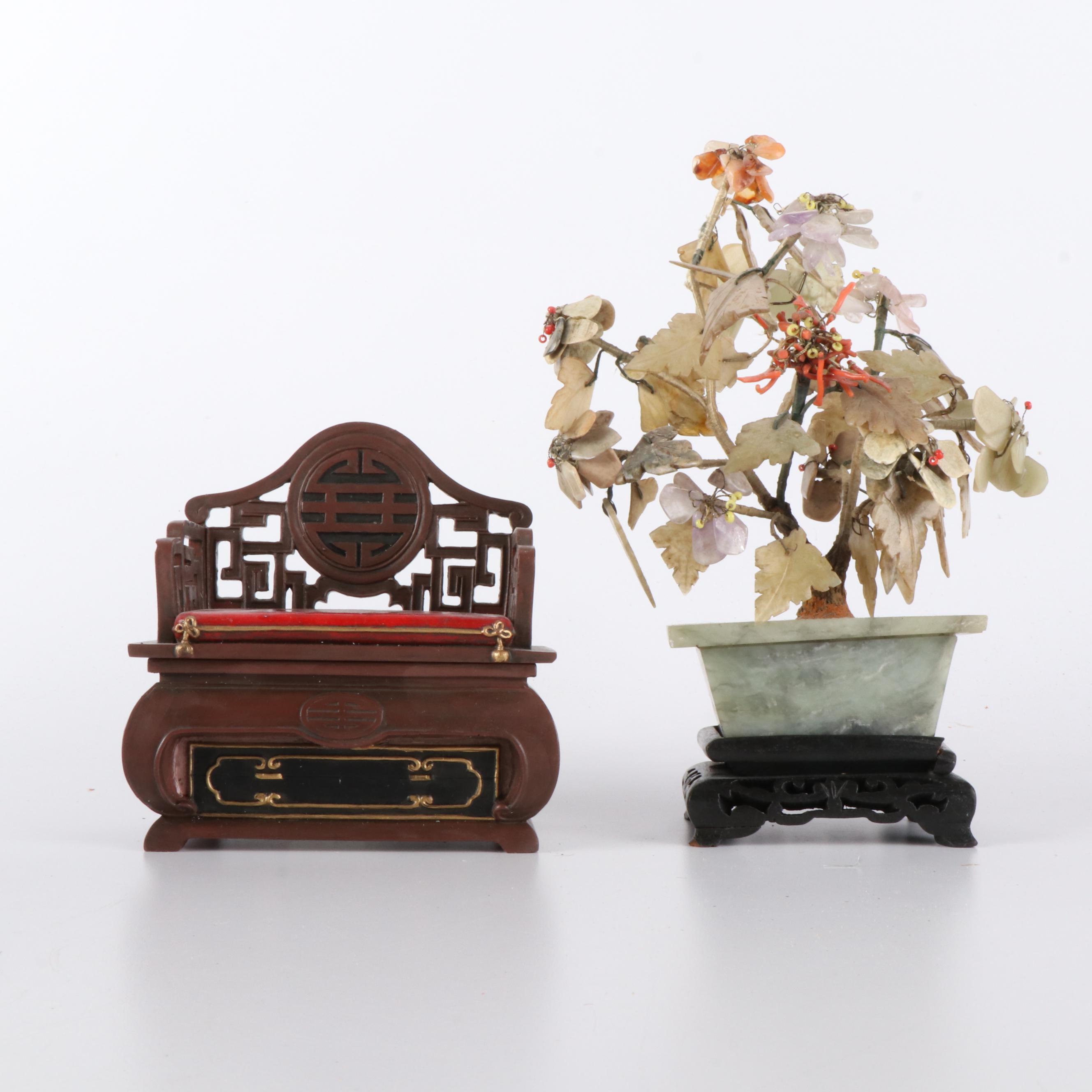 Chinese Carved Miniature Furniture, Guanyin Figure and Gemstone Bonsai