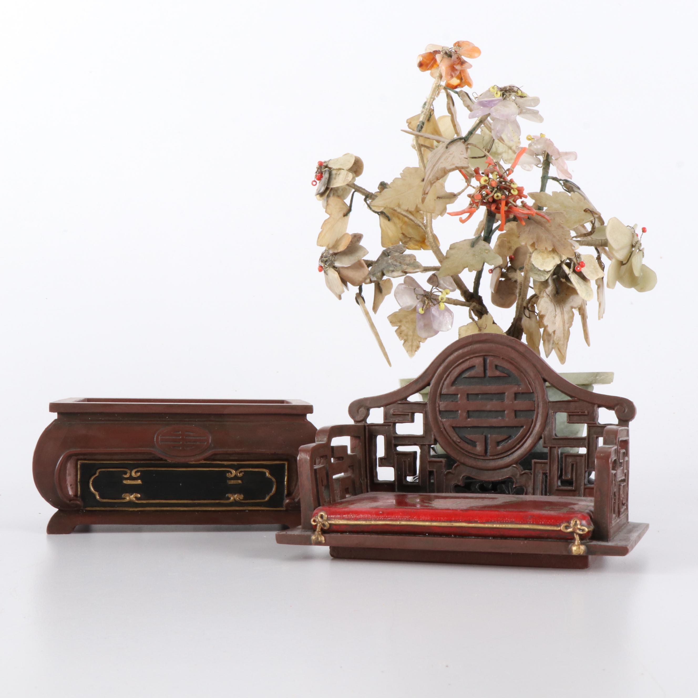 Chinese Carved Miniature Furniture, Guanyin Figure and Gemstone Bonsai