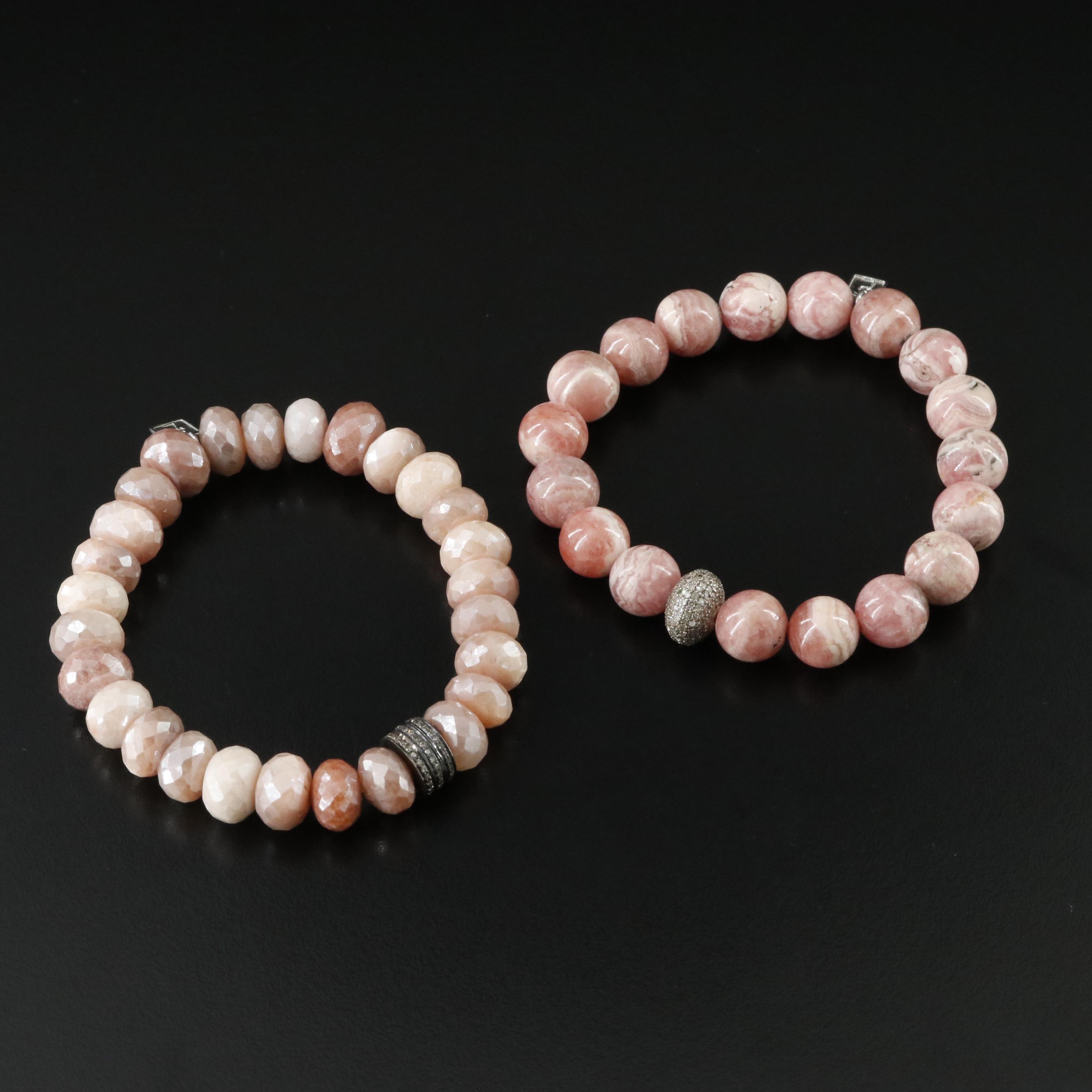 Sheryl Lowe Sterling Sunstone, Rhodochrosite and Diamond Bracelets