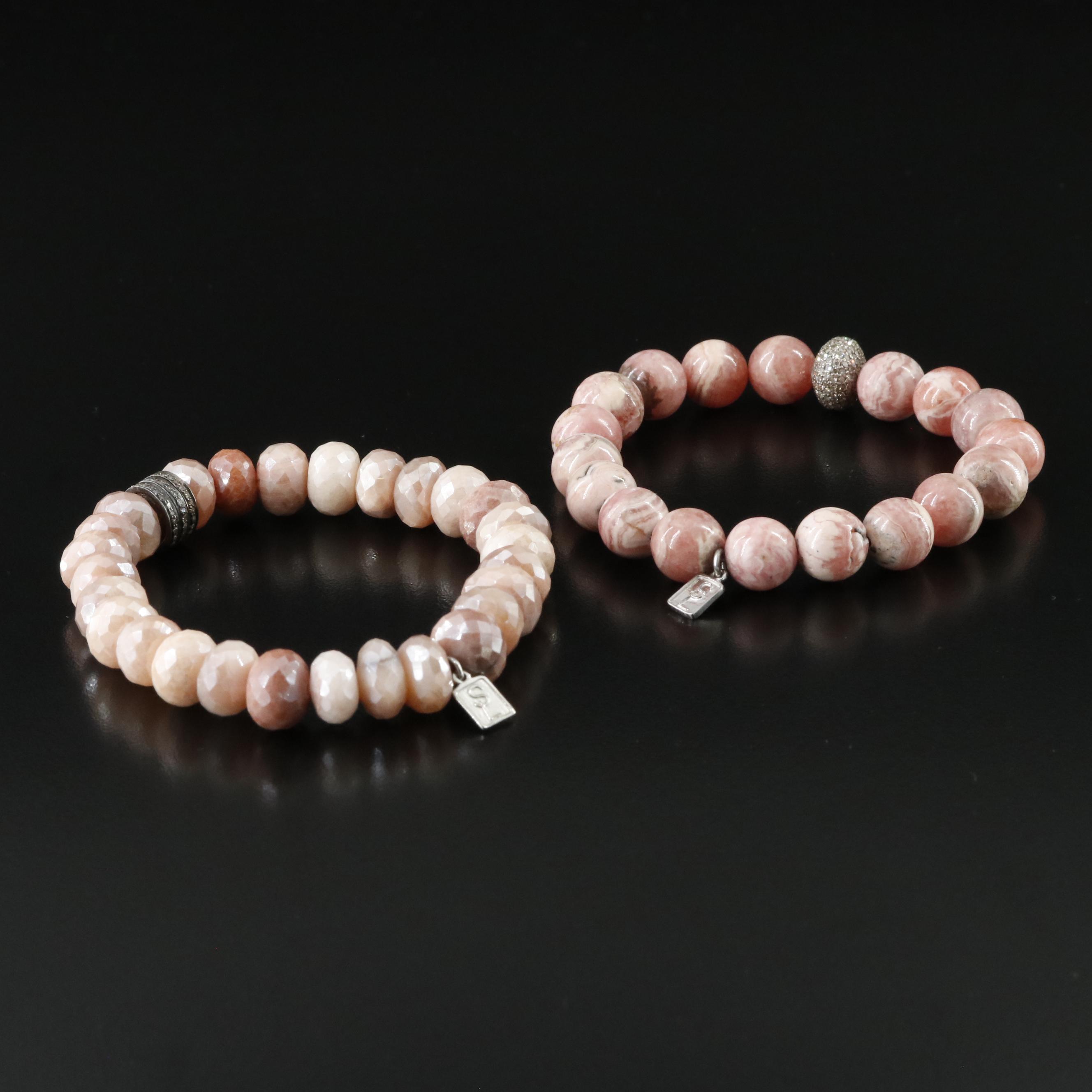 Sheryl Lowe Sterling Sunstone, Rhodochrosite and Diamond Bracelets
