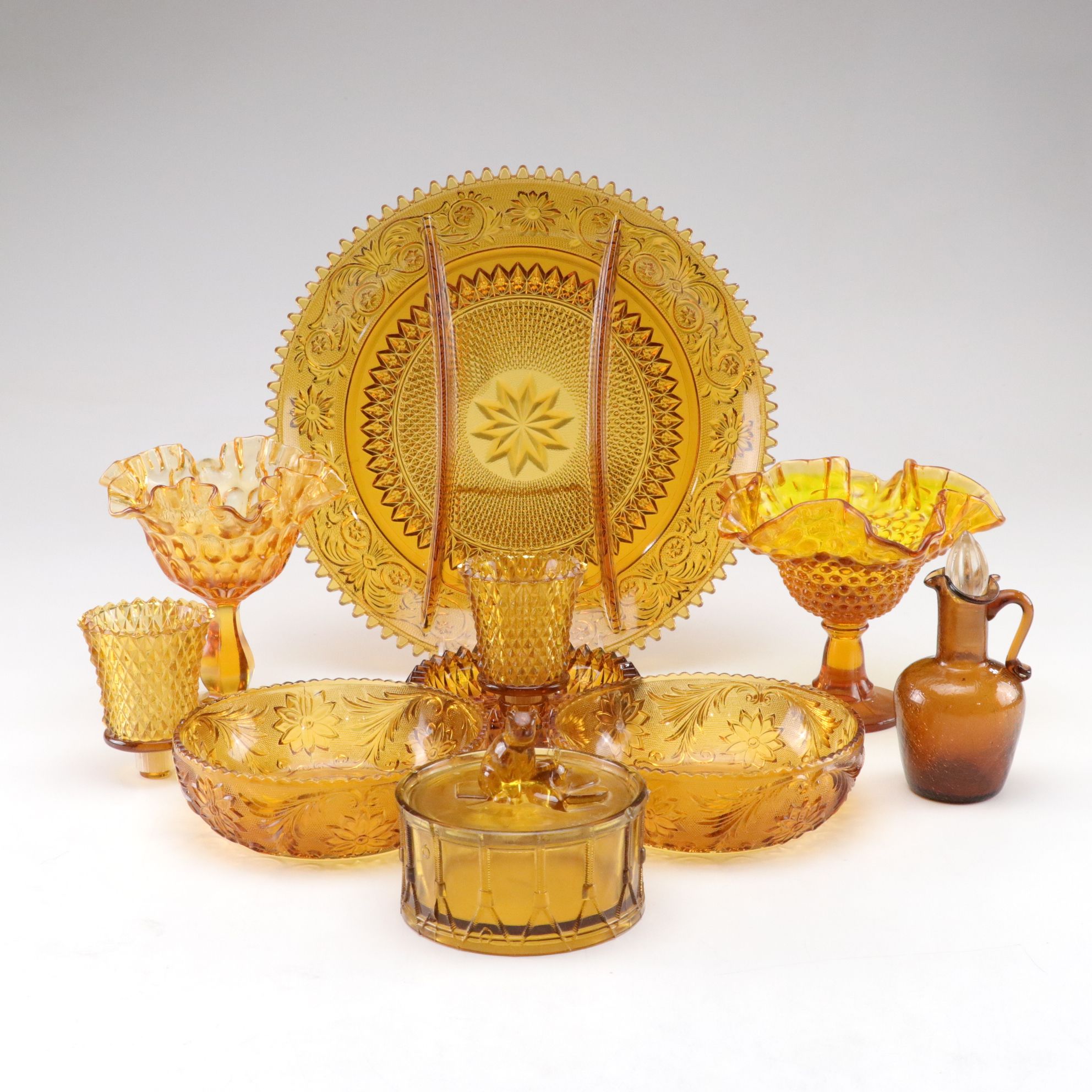 Indiana Glass "Sandwich Amber" Relish Tray & Other Glass Tableware