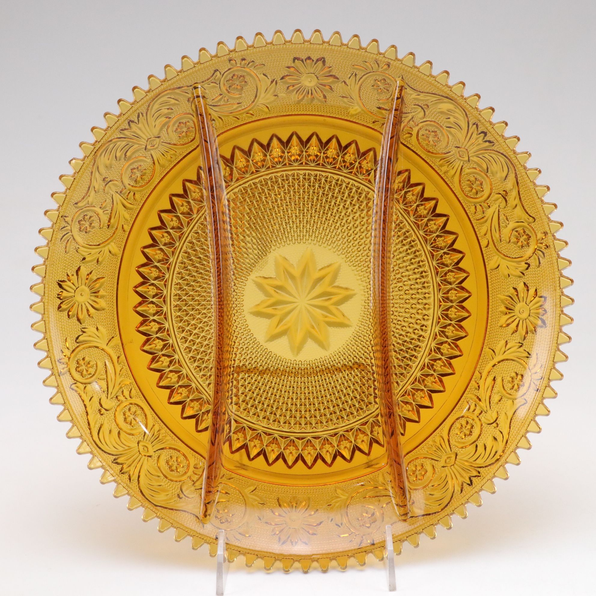 Indiana Glass "Sandwich Amber" Relish Tray & Other Glass Tableware