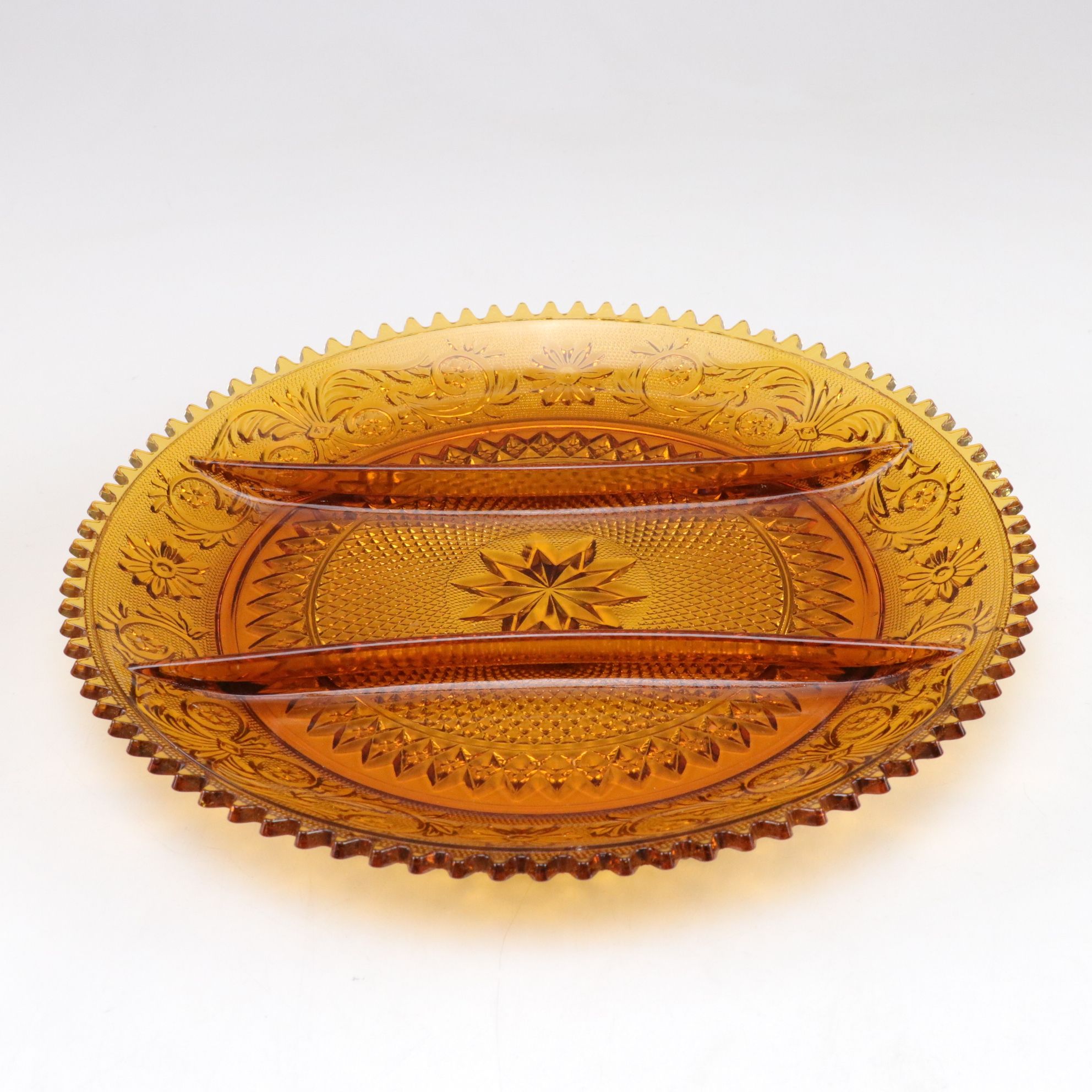 Indiana Glass "Sandwich Amber" Relish Tray & Other Glass Tableware
