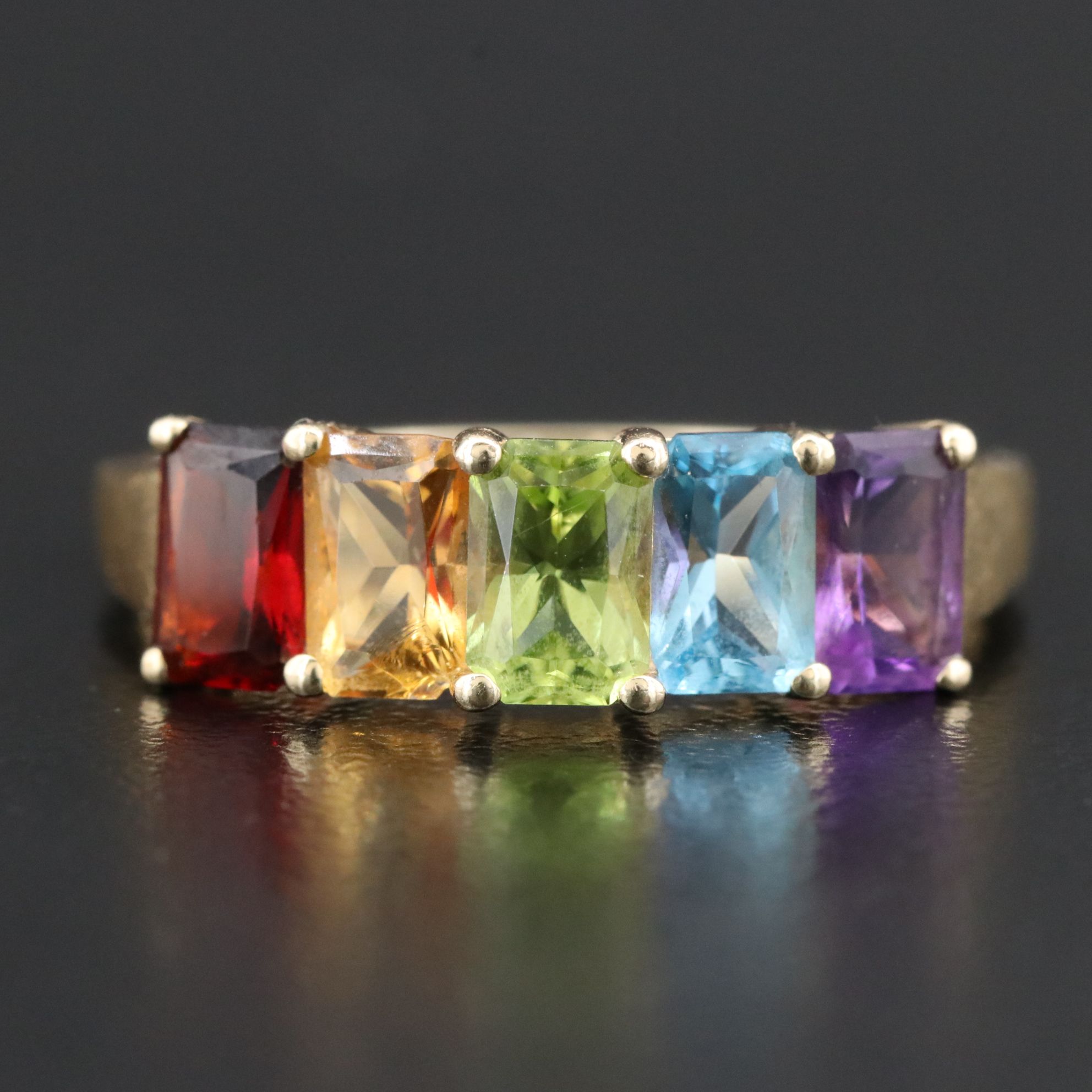 14K Multi Gemstone Ring Featuring Garnet, Amethyst, and Peridot