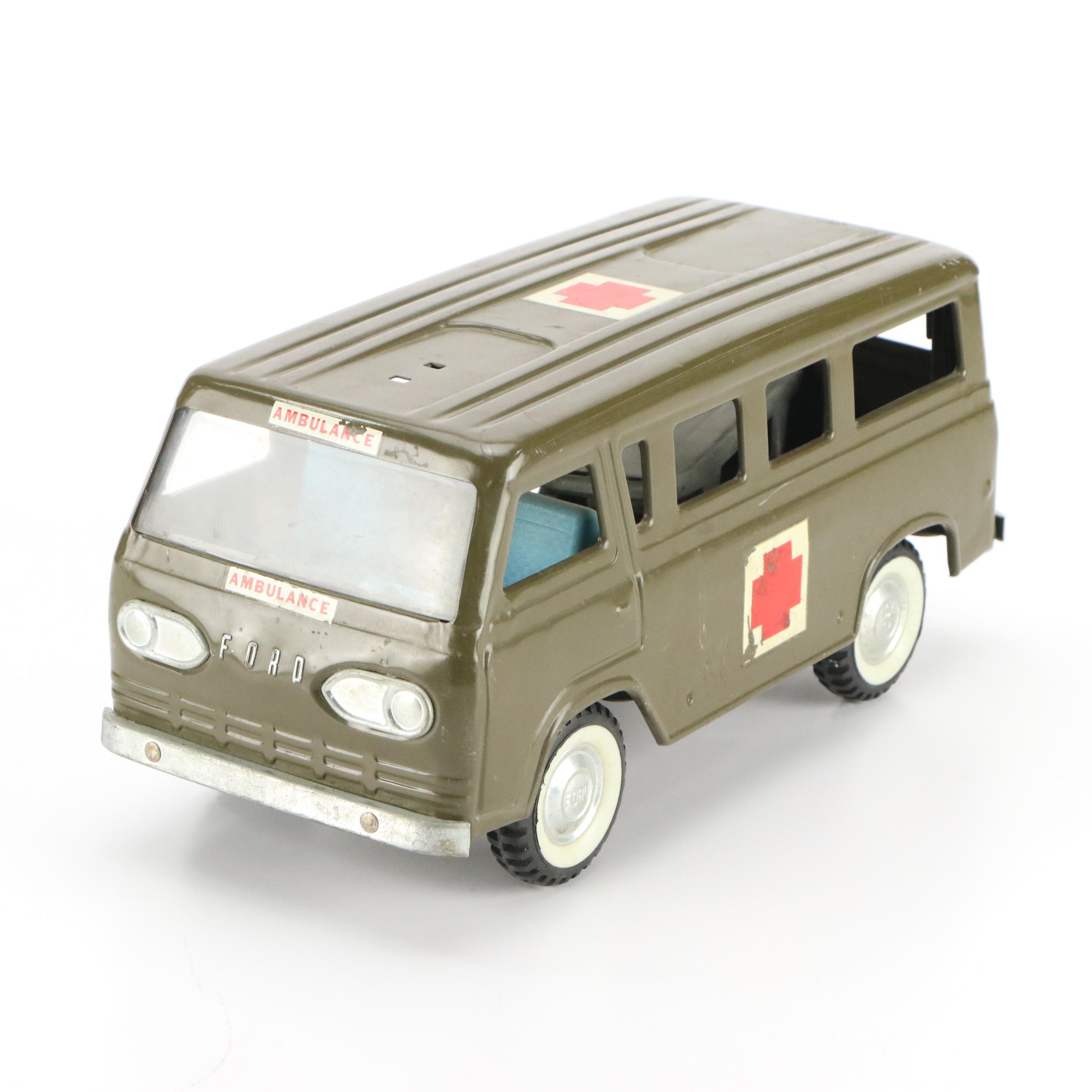 Vintage Nylint Pressed Metal Ford Army Ambulance with Gurney, 1965