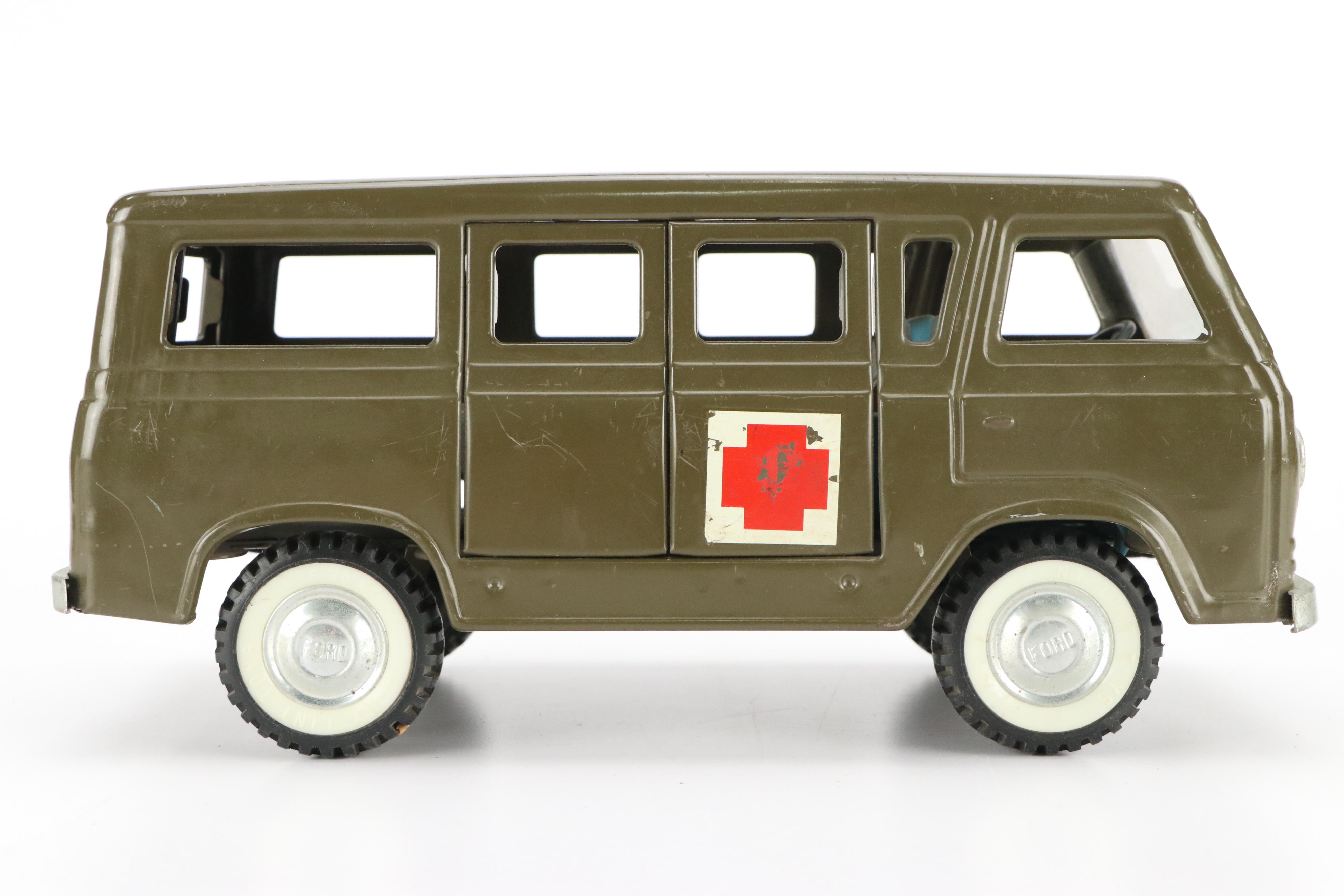 Vintage Nylint Pressed Metal Ford Army Ambulance with Gurney, 1965