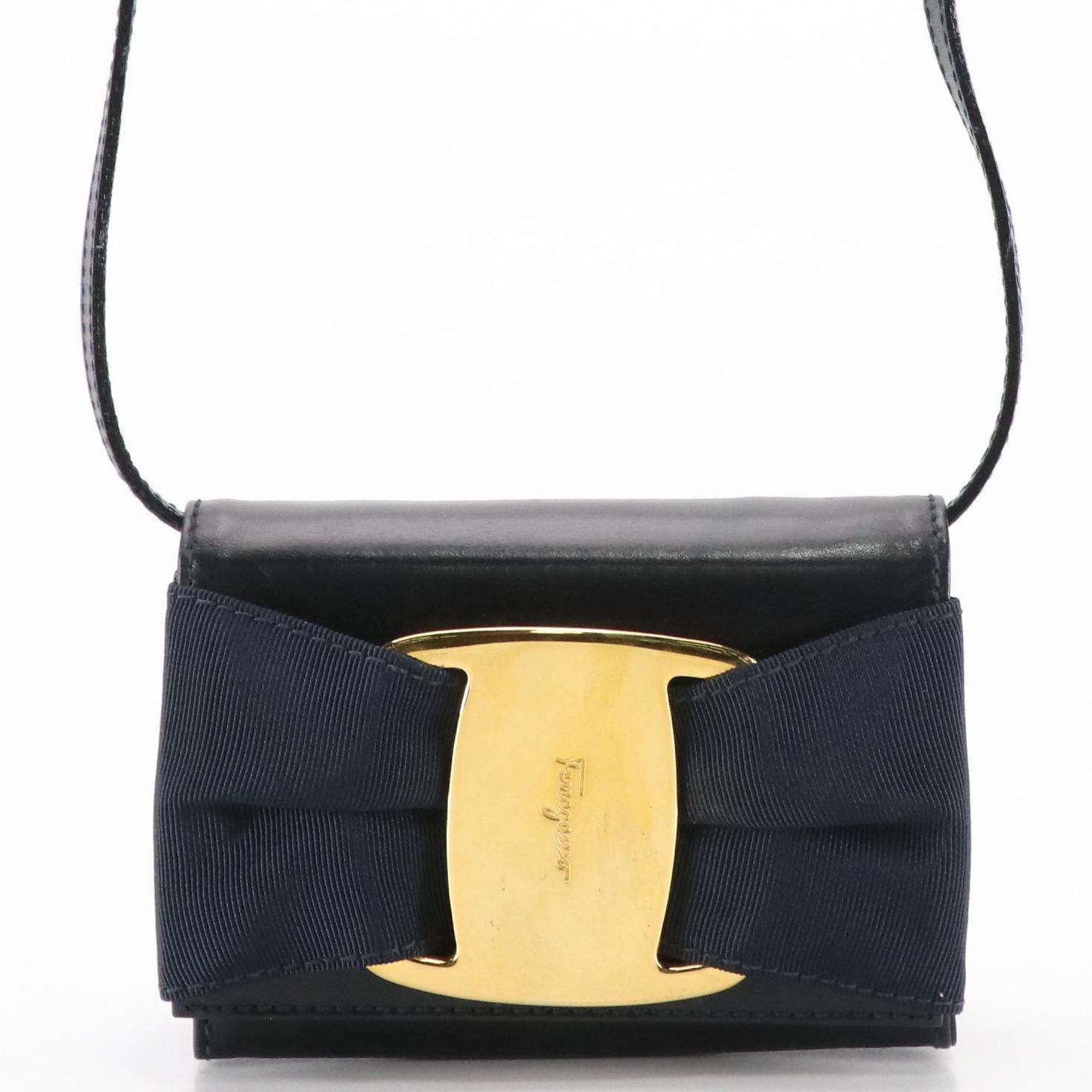 Salvatore Ferragamo Vara Bow Mini Crossbody in Blue Calfskin Leather, With Box