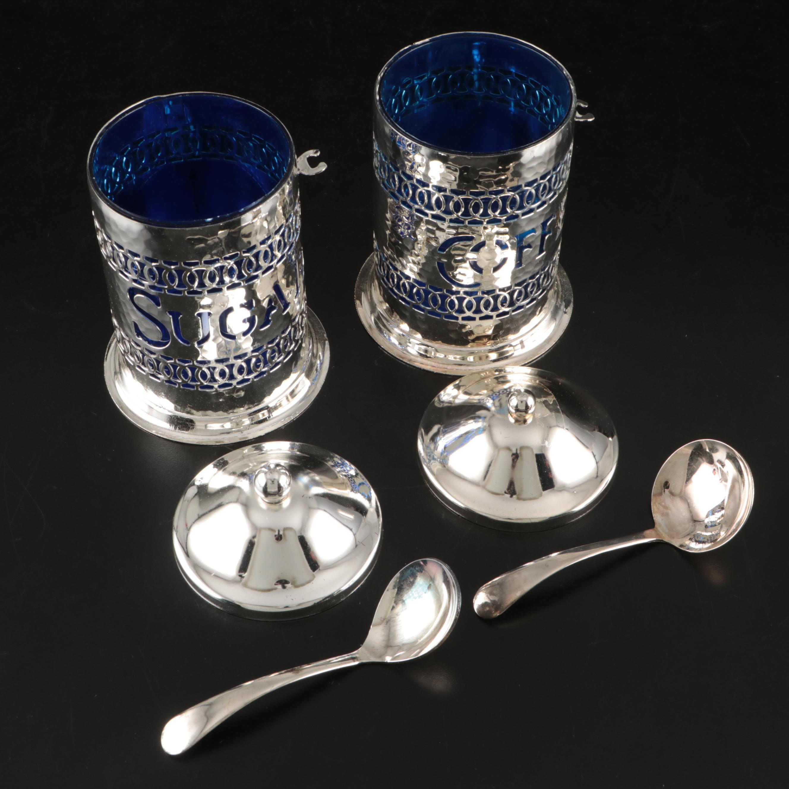 English Metal Coffee and Sugar Tins, Silver Plate Spoons and Metal Serving Trays