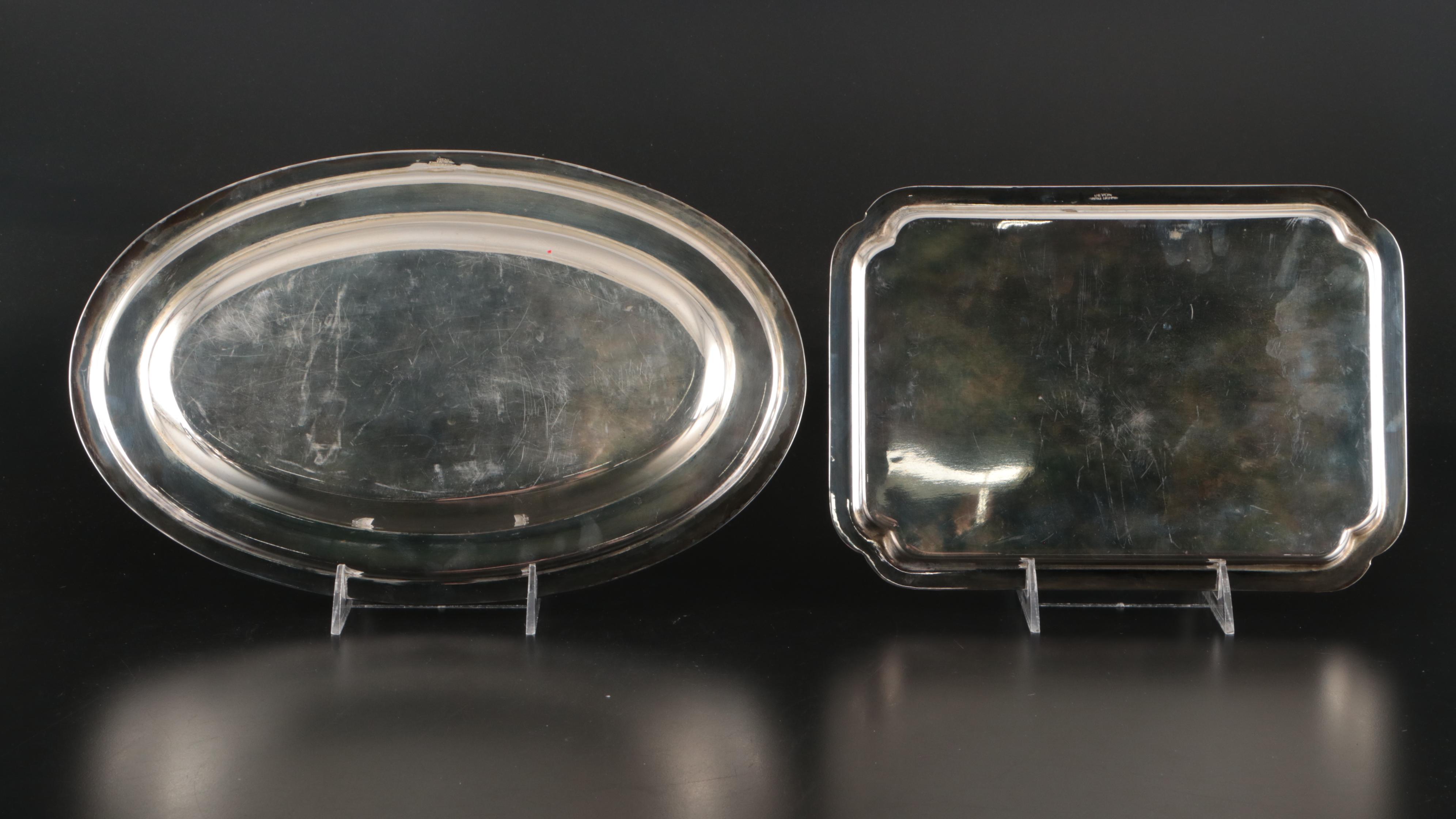 English Metal Coffee and Sugar Tins, Silver Plate Spoons and Metal Serving Trays