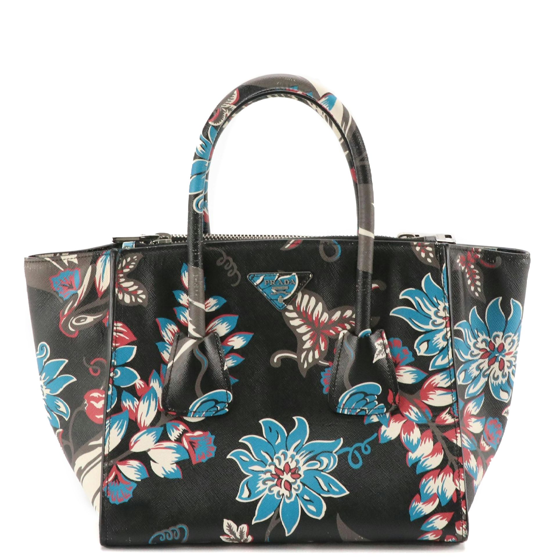 Prada Twin Pocket Two-Way Tote in Floral Printed Saffiano Leather