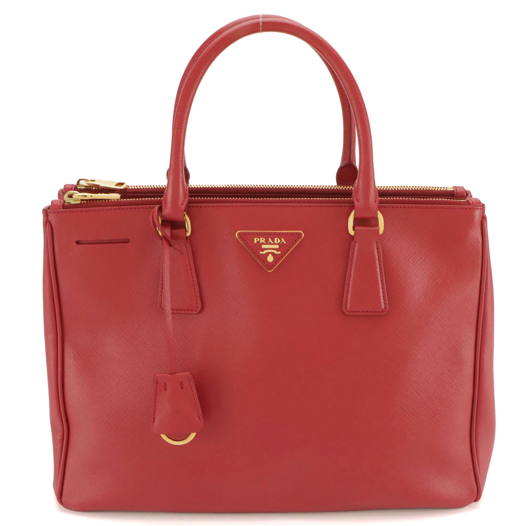 Prada Large Double Zip Galleria Two-Way Bag in Cherry Red Saffiano Lux Leather