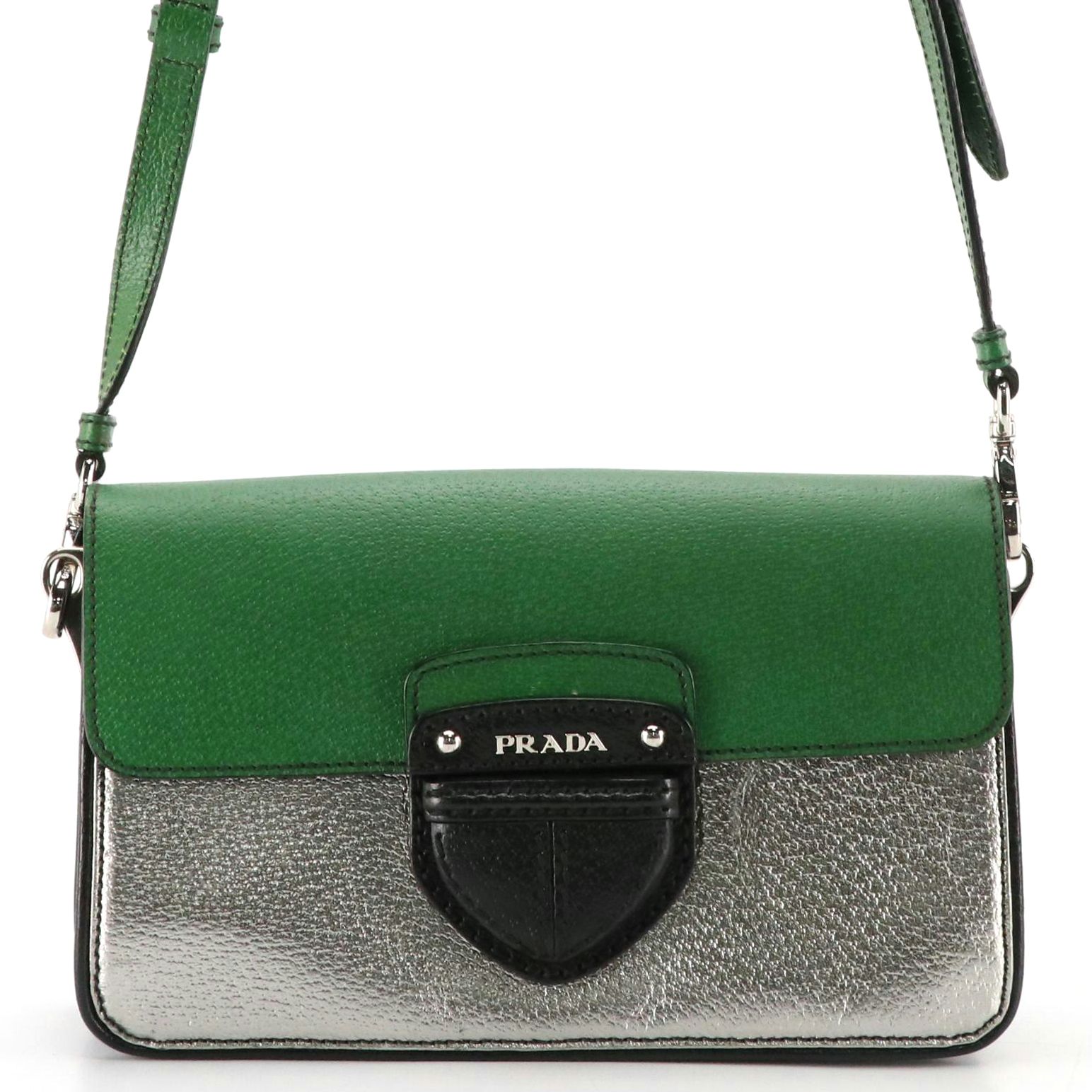 Prada Crossbody Clutch Bag in Black, Green and Metallic Silver Cinghiale Leather