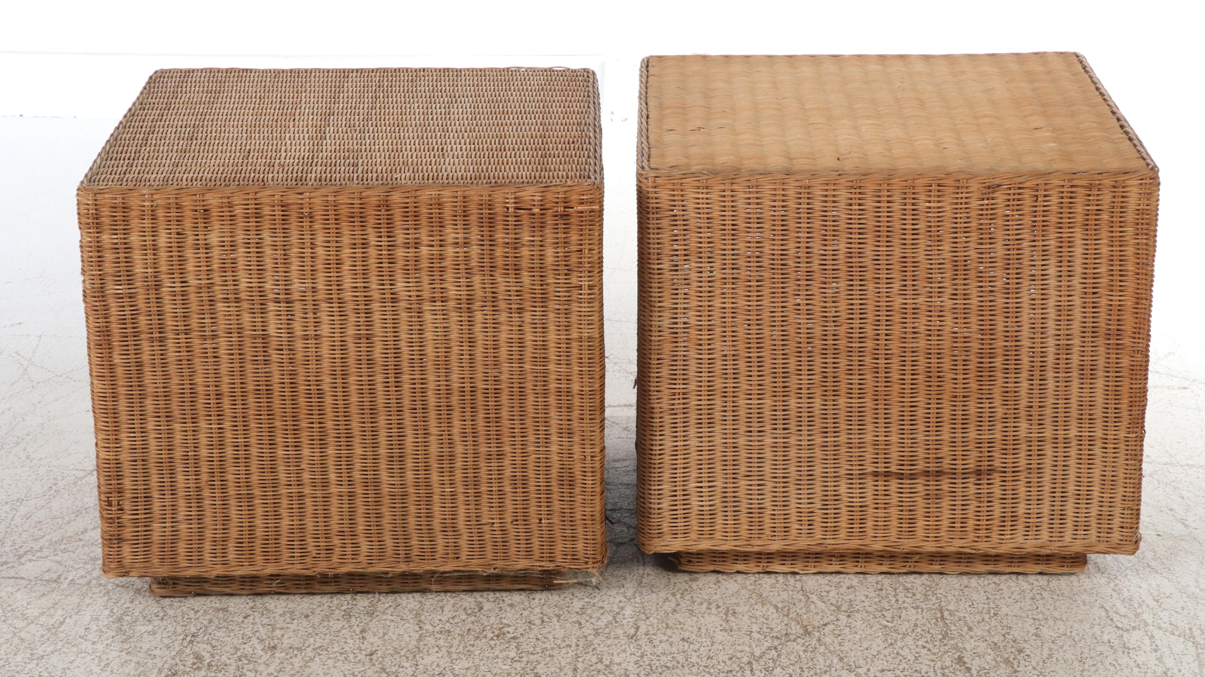 Woven Rattan Cube Side Tables, Mid Century Modern Style