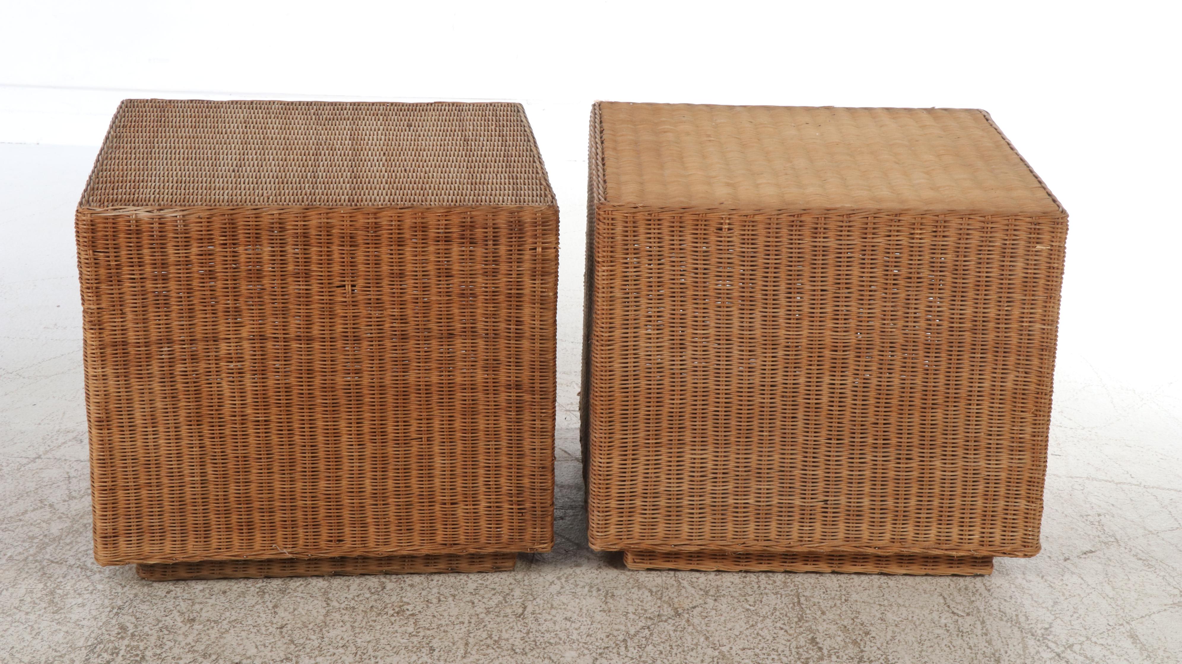 Woven Rattan Cube Side Tables, Mid Century Modern Style