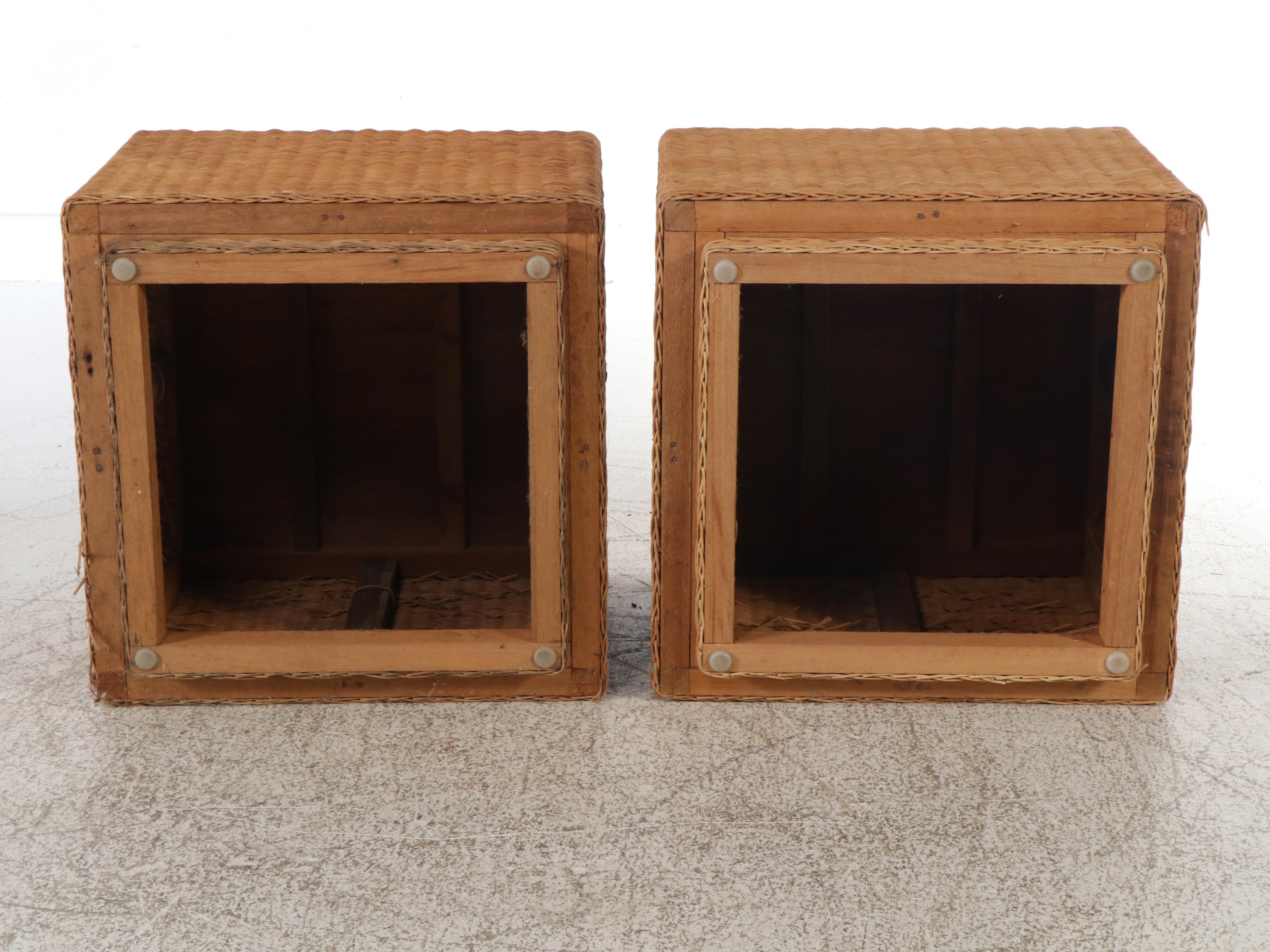 Woven Rattan Cube Side Tables, Mid Century Modern Style