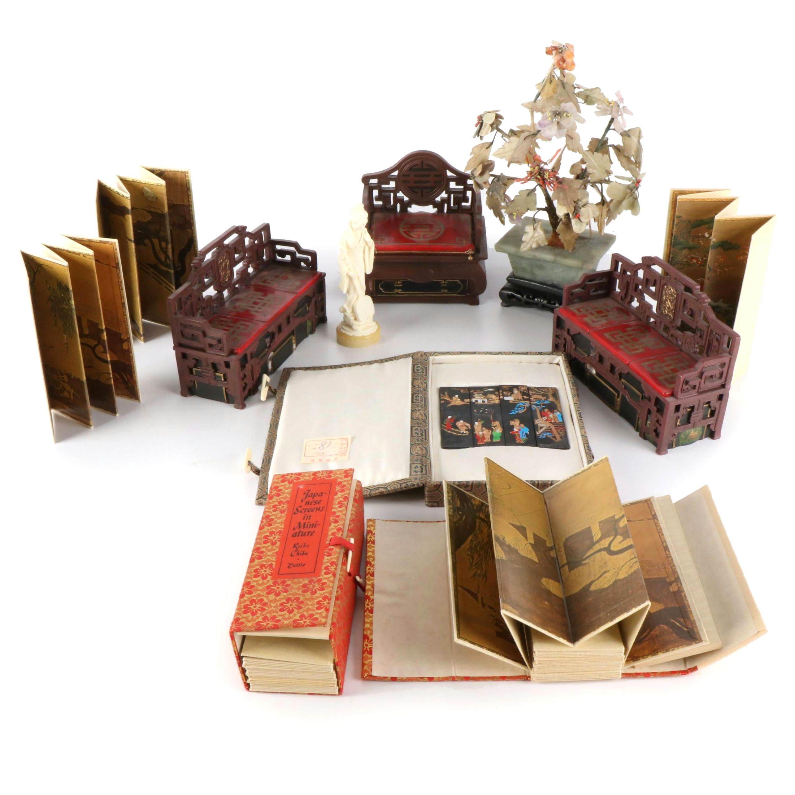 Chinese Carved Miniature Furniture, Guanyin Figure and Gemstone Bonsai