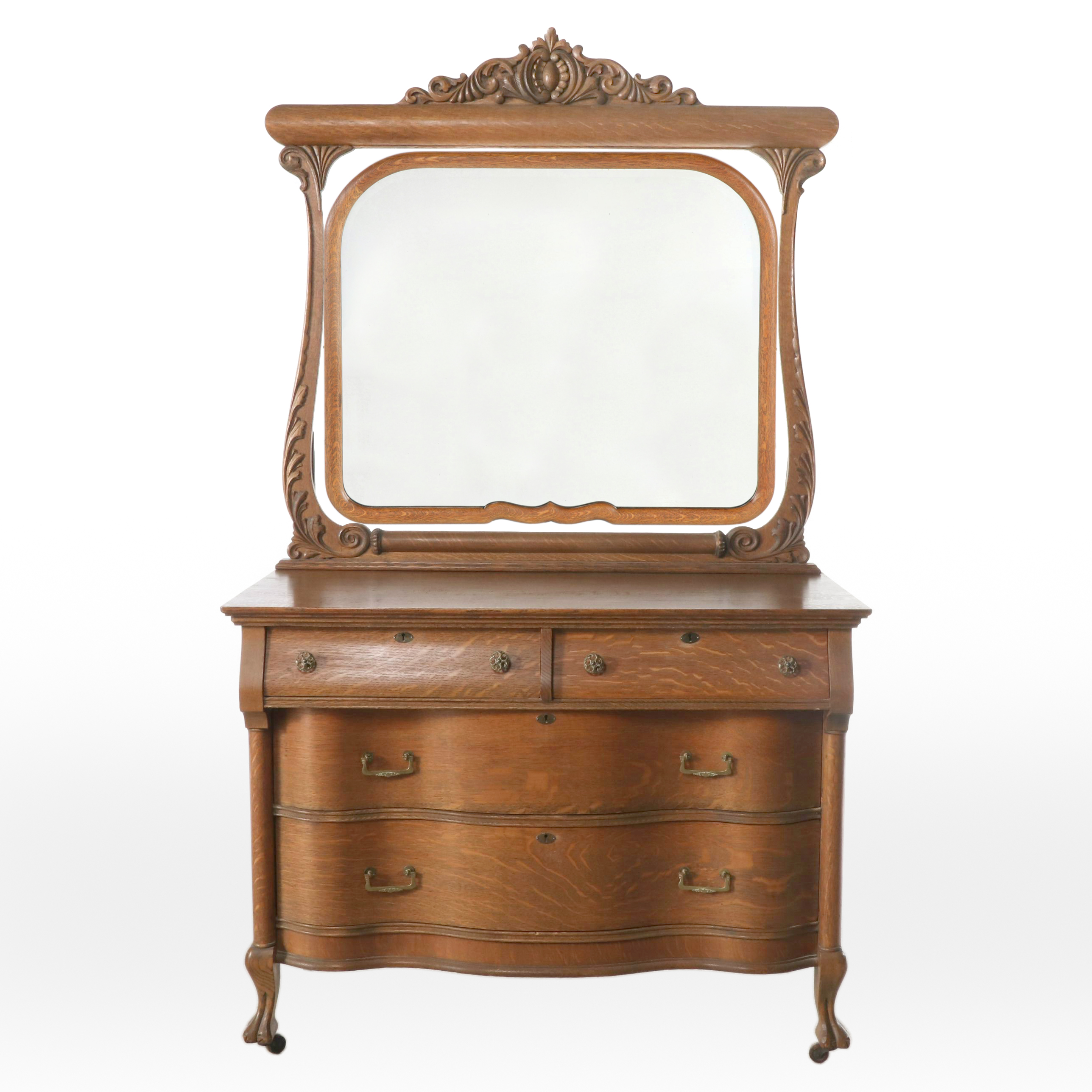 Victorian Serpentine Front Oak Dresser and Mirror