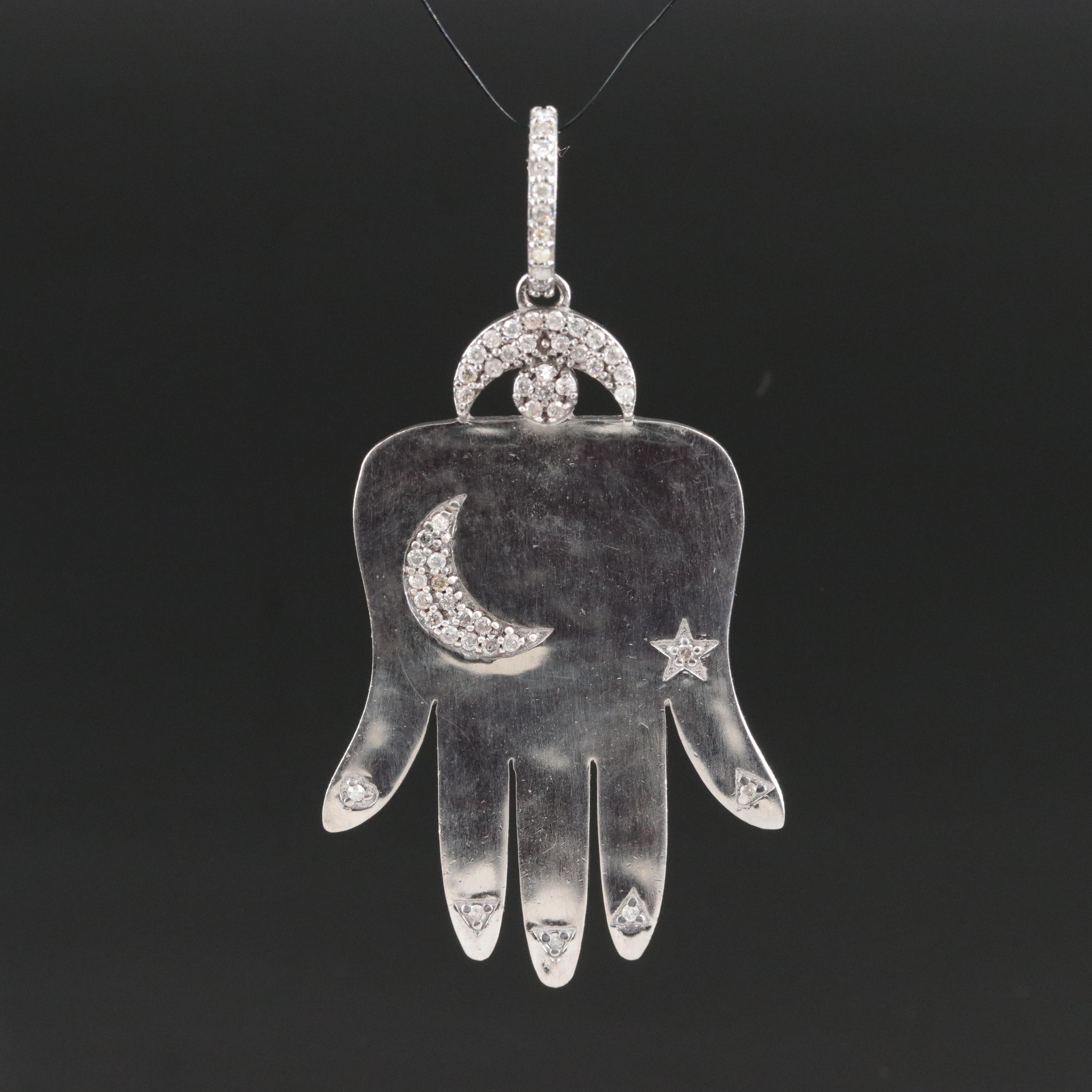 Sheryl Lowe Sterling Diamond Hamsa Hand with Crescent Moon and Starts