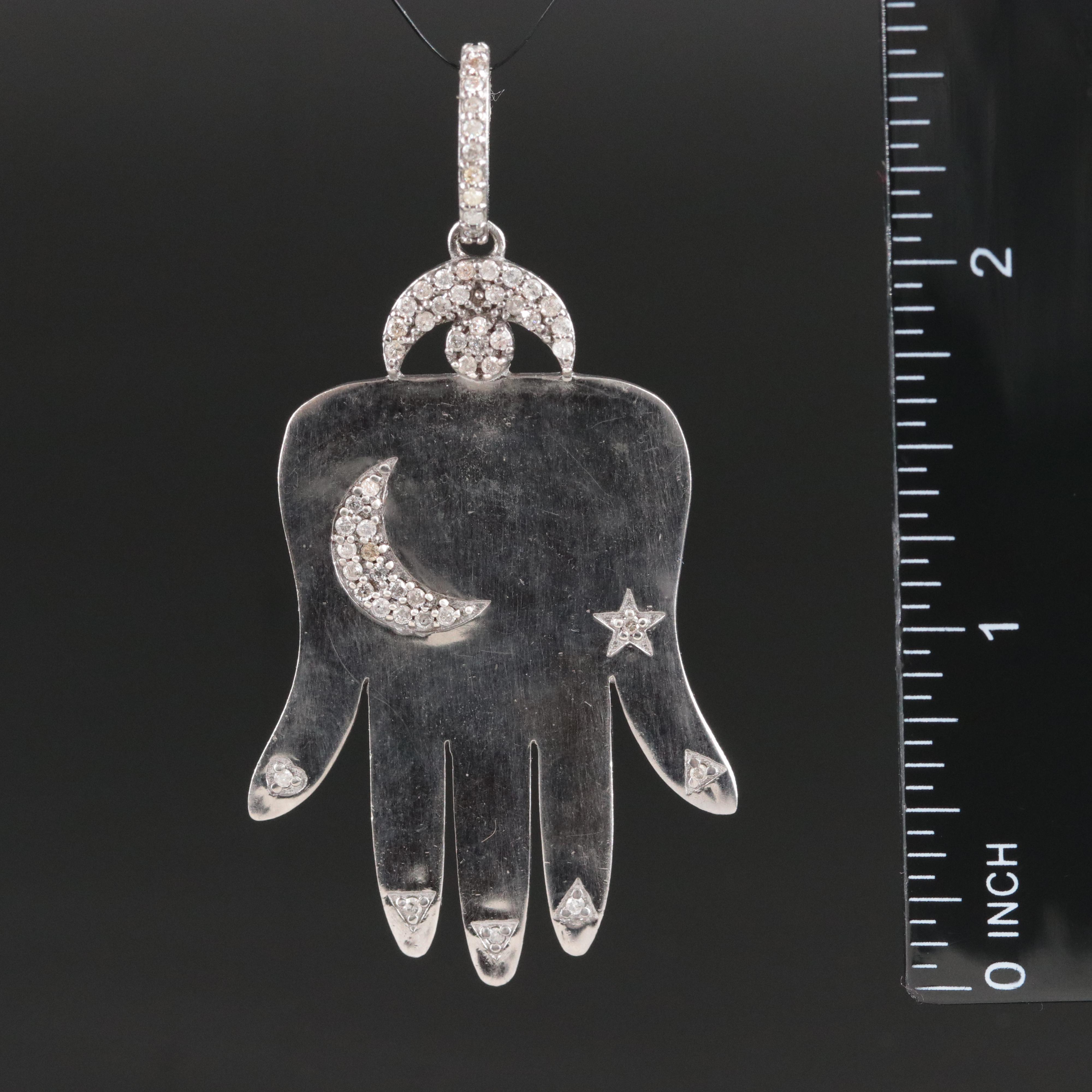 Sheryl Lowe Sterling Diamond Hamsa Hand with Crescent Moon and Starts