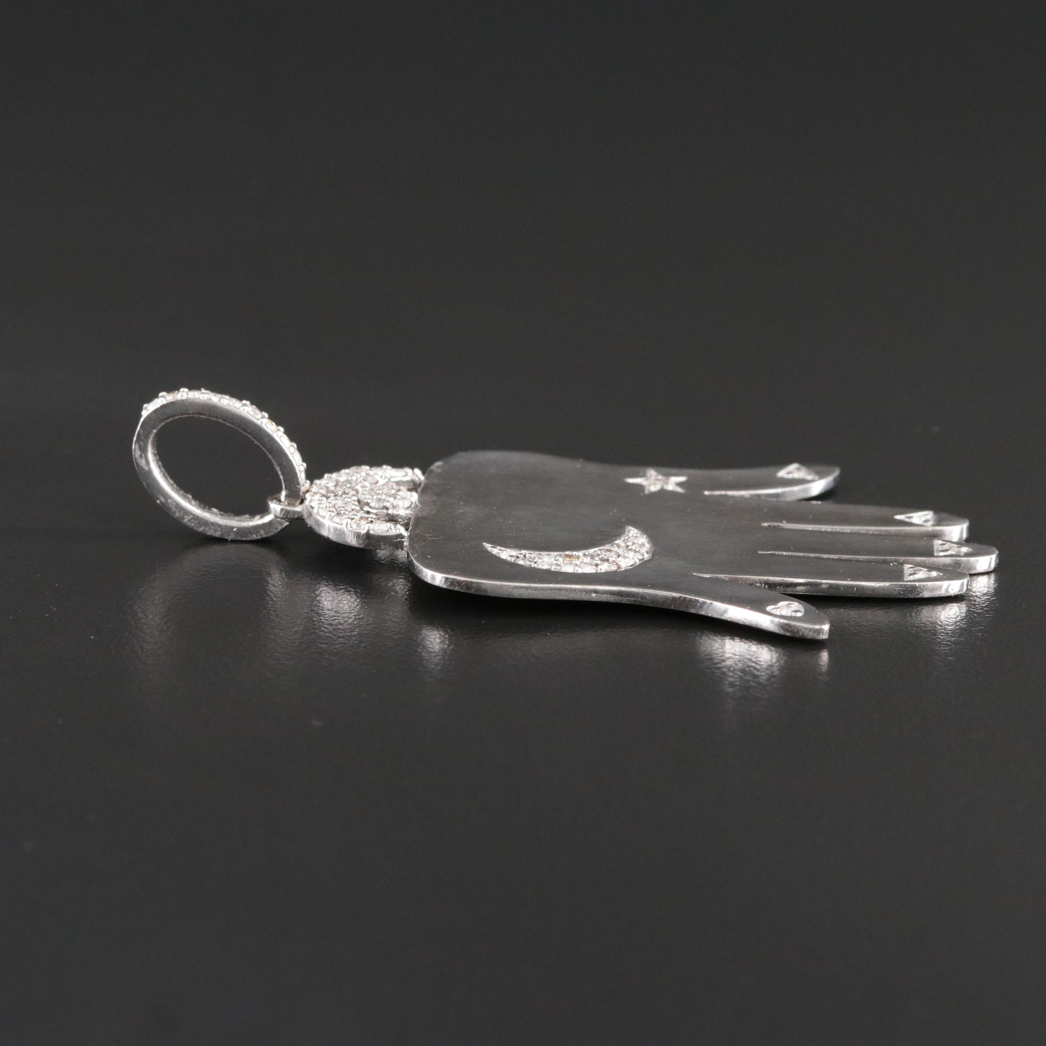 Sheryl Lowe Sterling Diamond Hamsa Hand with Crescent Moon and Starts