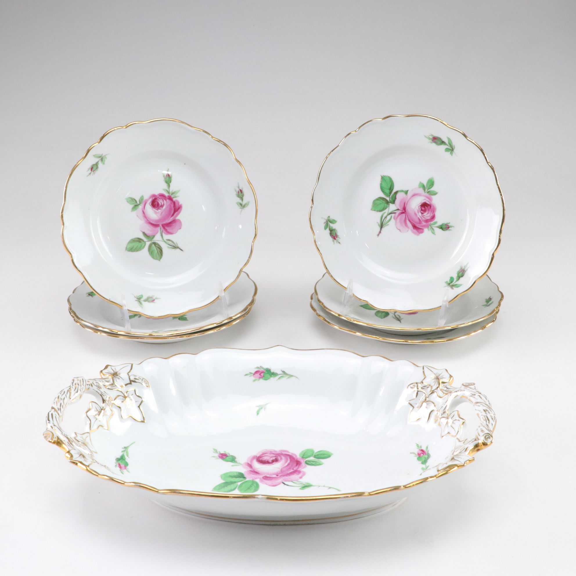 Meissen "Rose Pink" Gilt Rimmed Serving Bowl & Dessert Plates