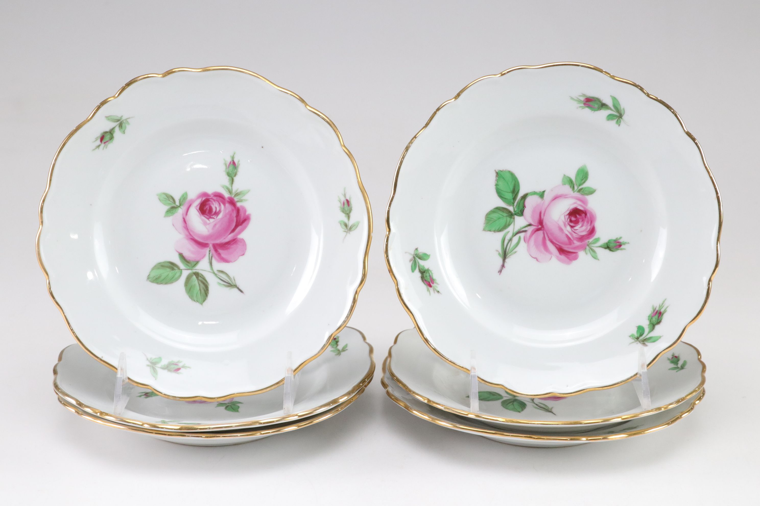 Meissen "Rose Pink" Gilt Rimmed Serving Bowl & Dessert Plates