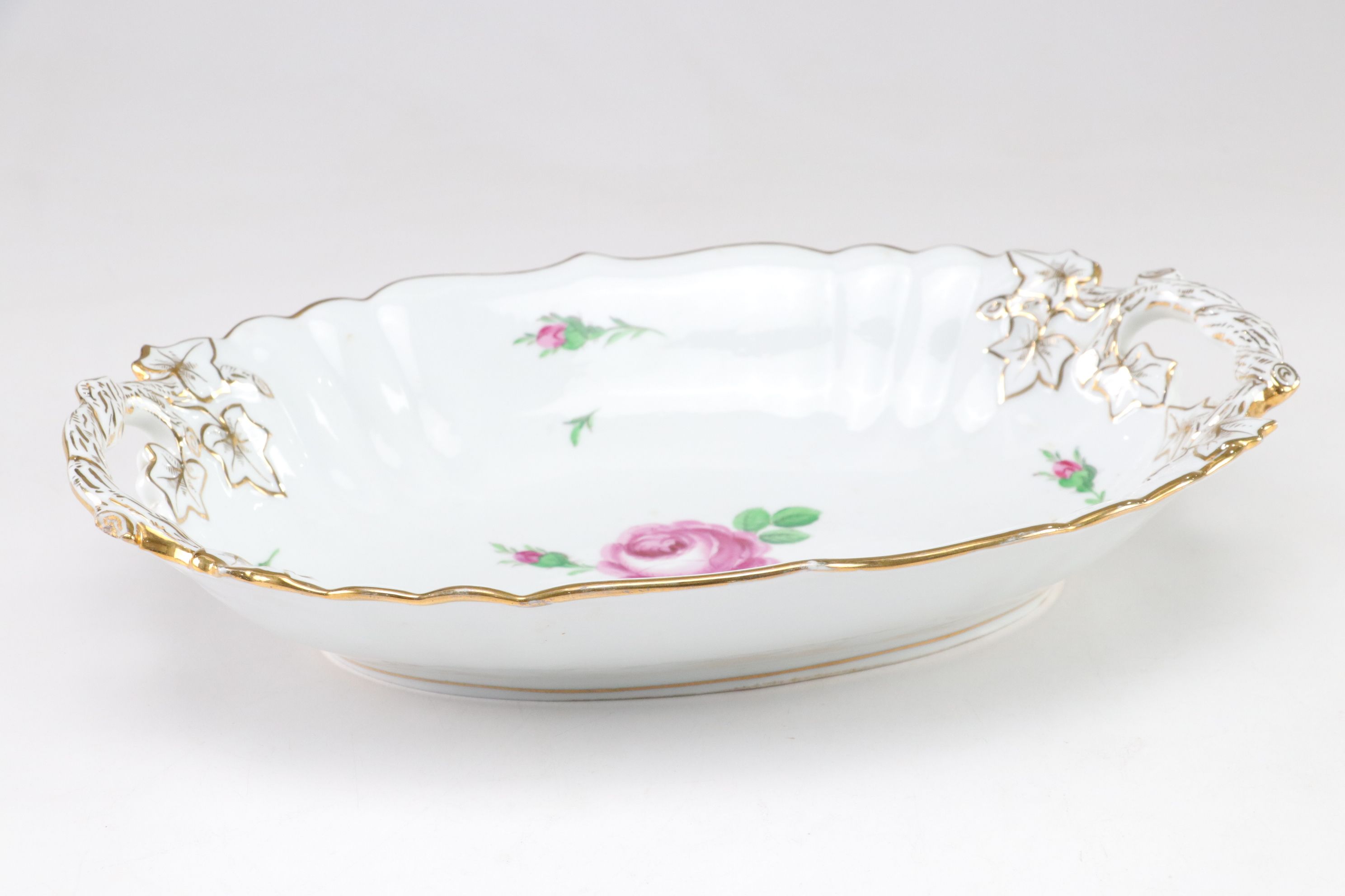 Meissen "Rose Pink" Gilt Rimmed Serving Bowl & Dessert Plates