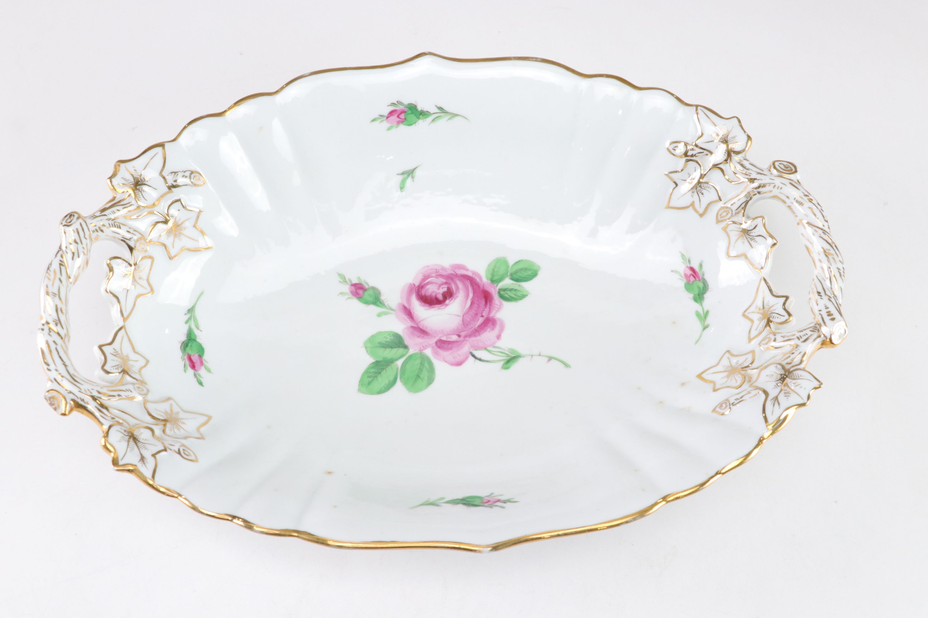 Meissen "Rose Pink" Gilt Rimmed Serving Bowl & Dessert Plates
