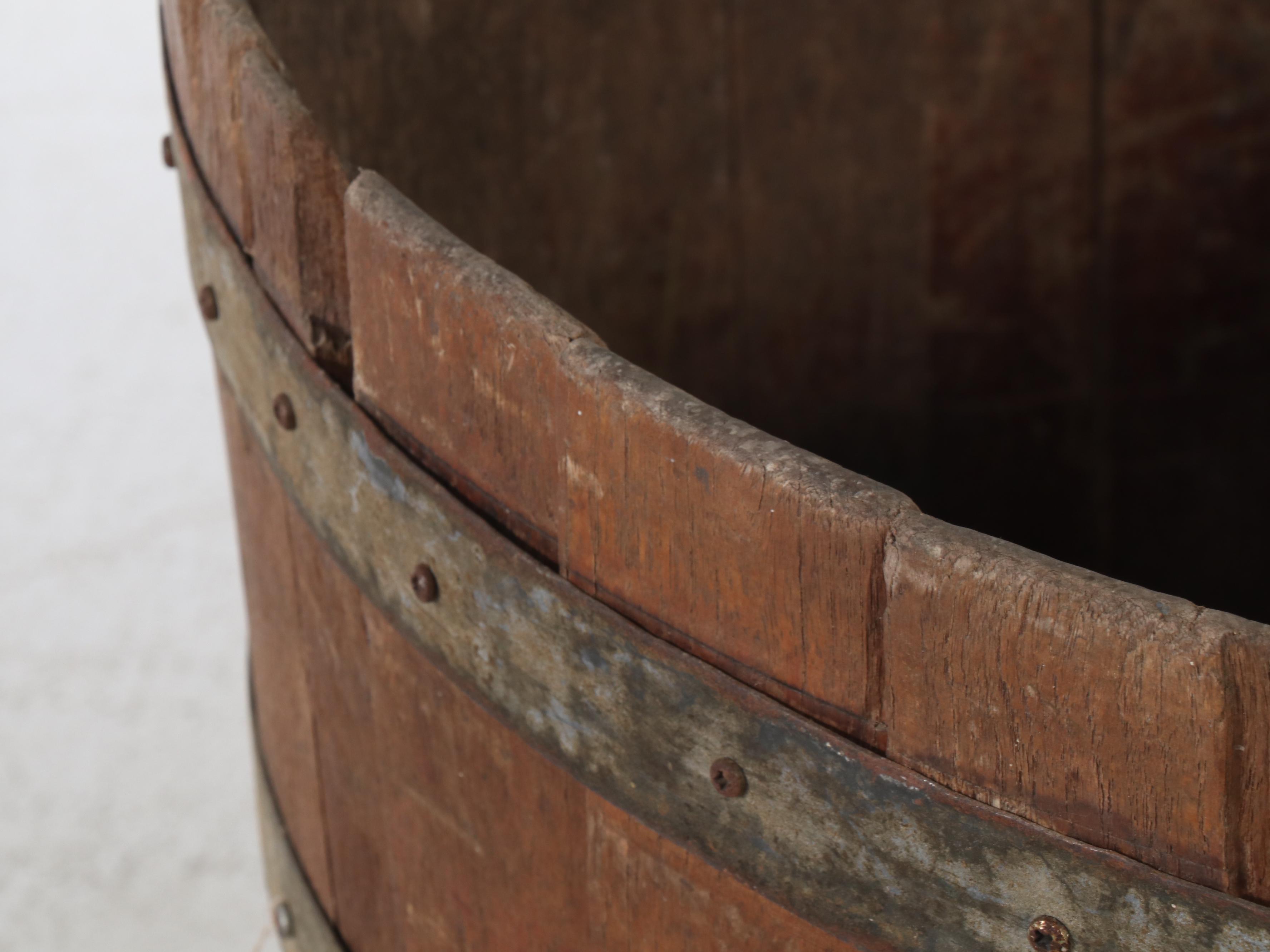 Large Primitive Wood Coopered Bucket with Handles