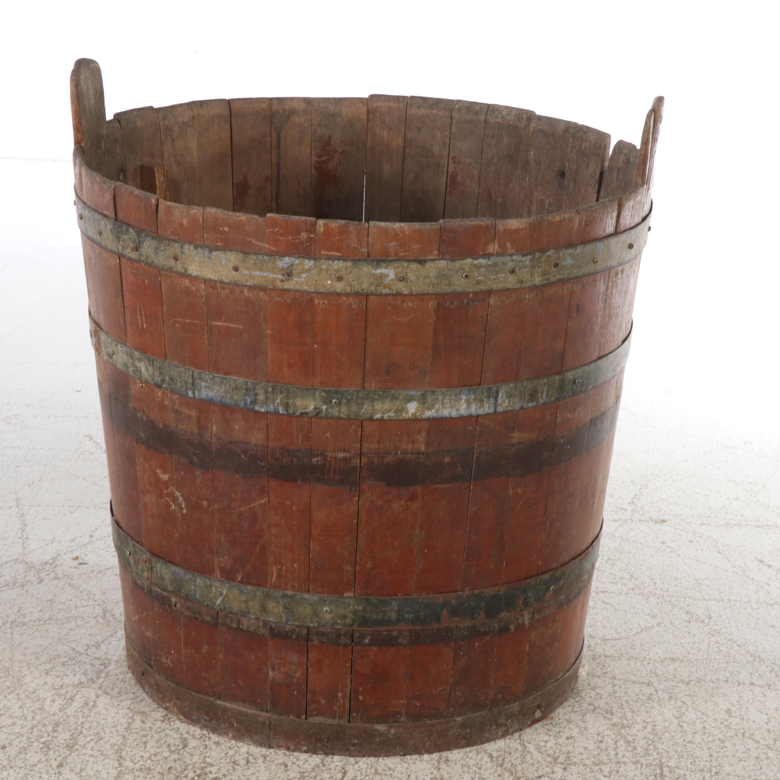 Large Primitive Wood Coopered Bucket with Handles