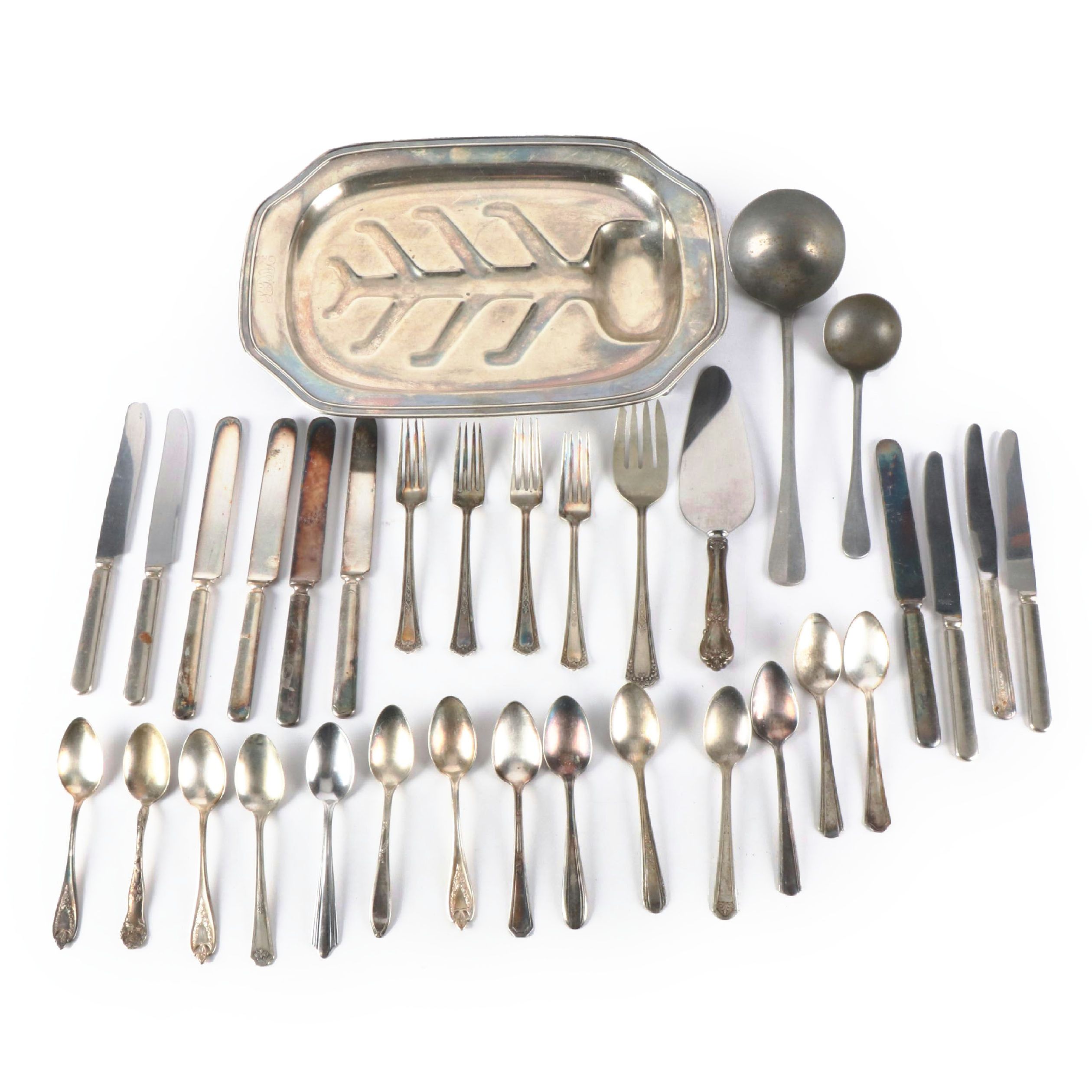 Barbour Silver Co. Footed Meat Platter with Flatware and Serving Utensils