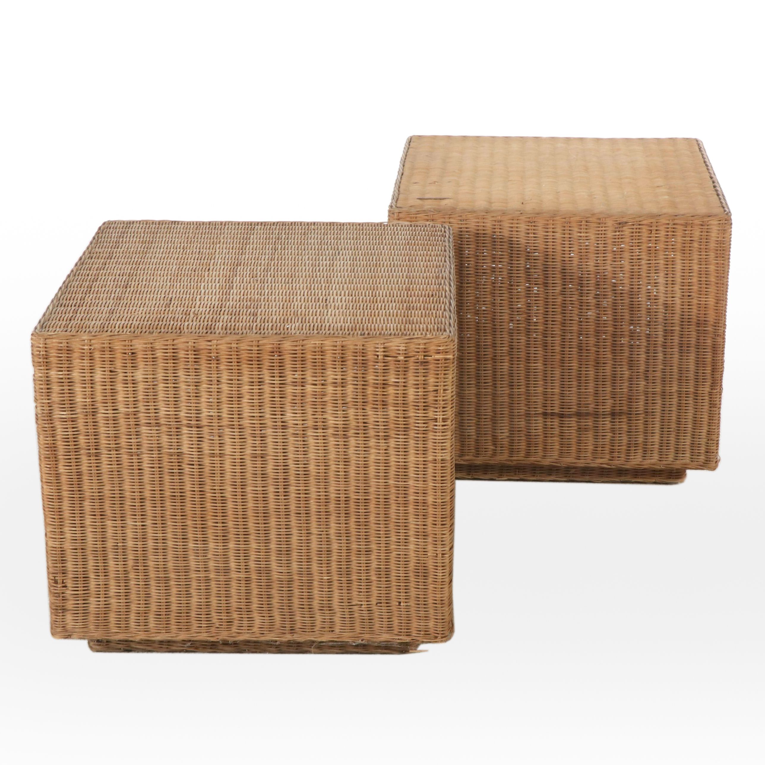 Woven Rattan Cube Side Tables, Mid Century Modern Style