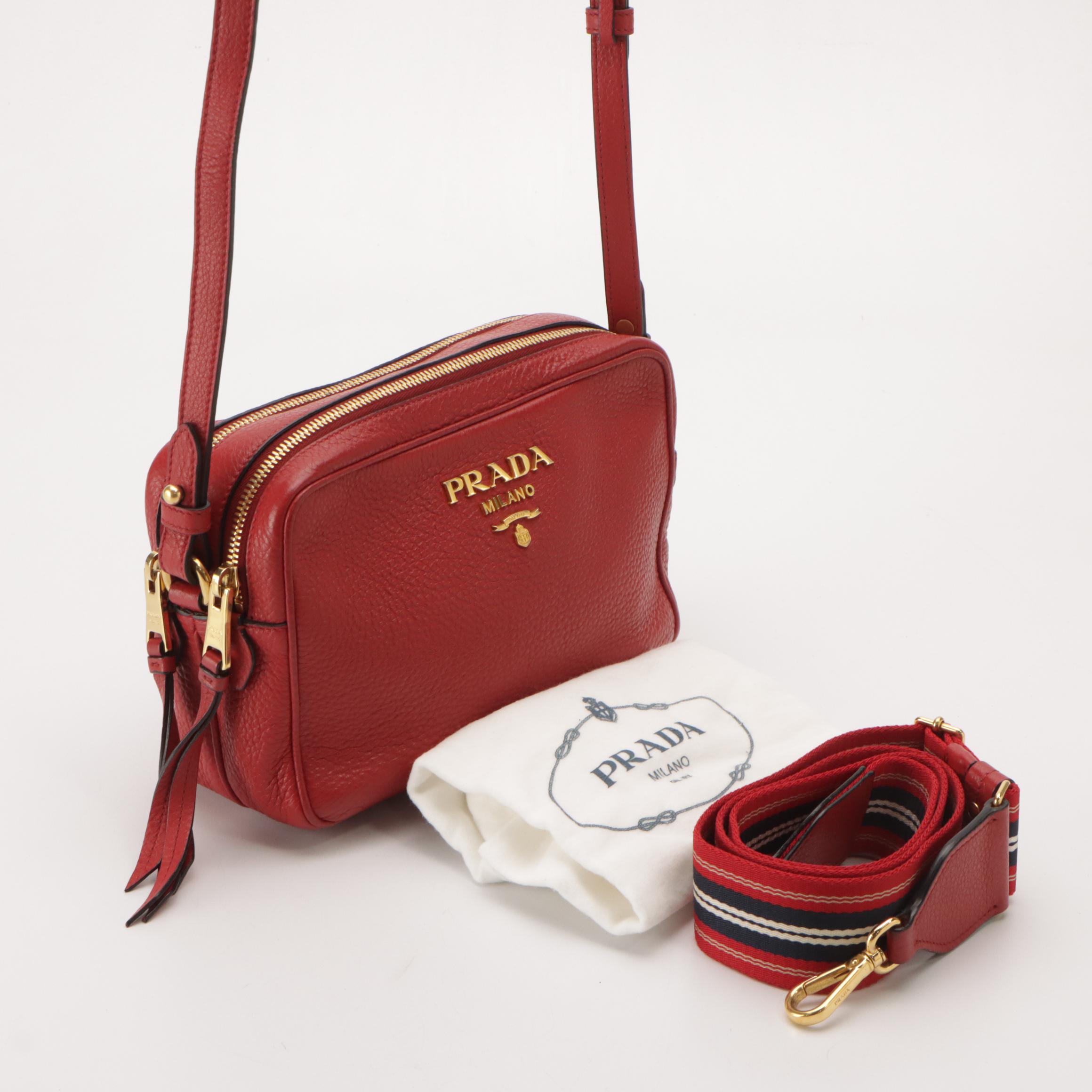 Prada Double Zip Two-Way Bag in Cherry Red Vitello Daino Leather