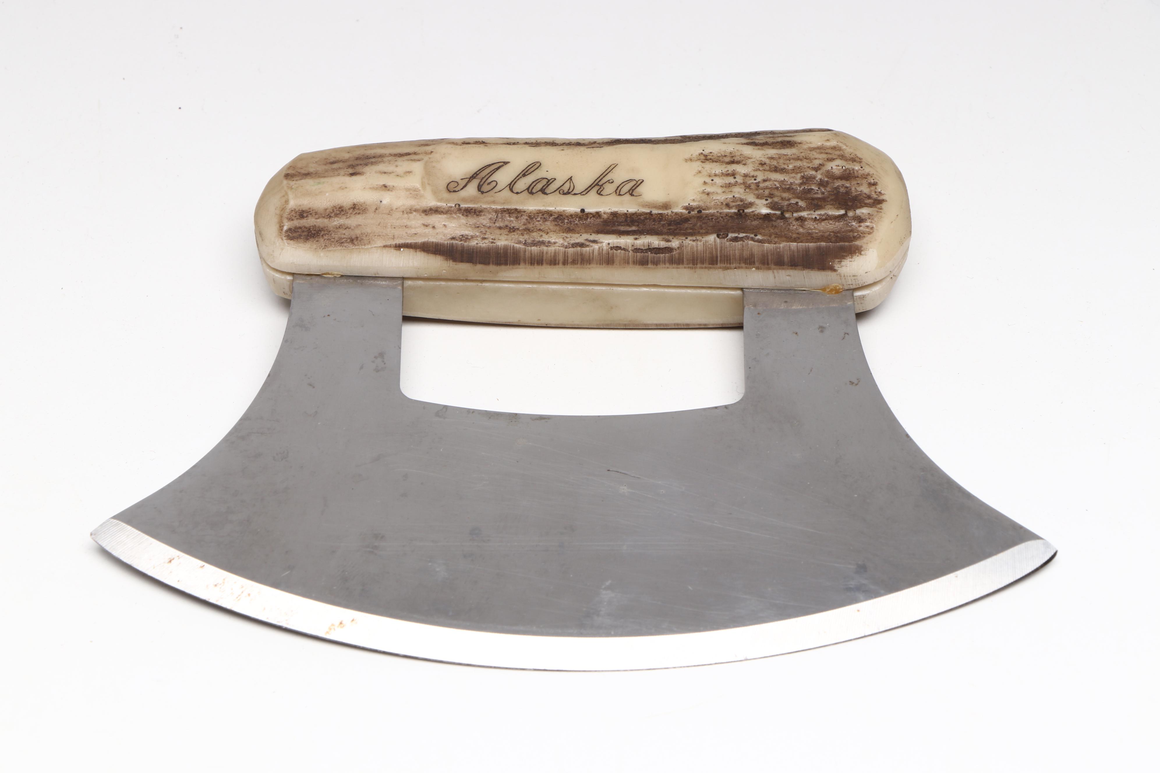 Alaskan Faux Antler Handled Ulu Knife with Stand and Wooden Ice Scratcher