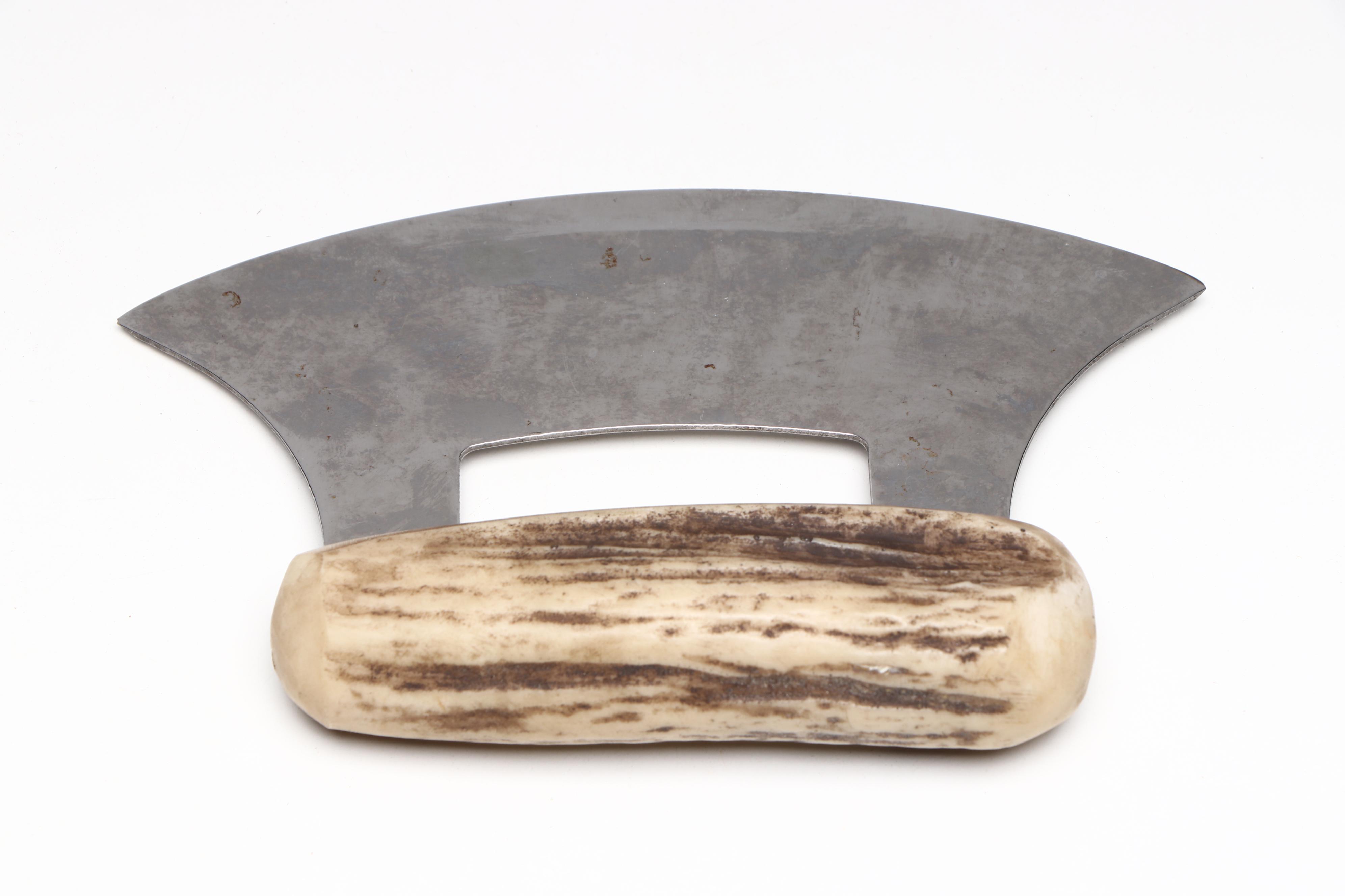 Alaskan Faux Antler Handled Ulu Knife with Stand and Wooden Ice Scratcher