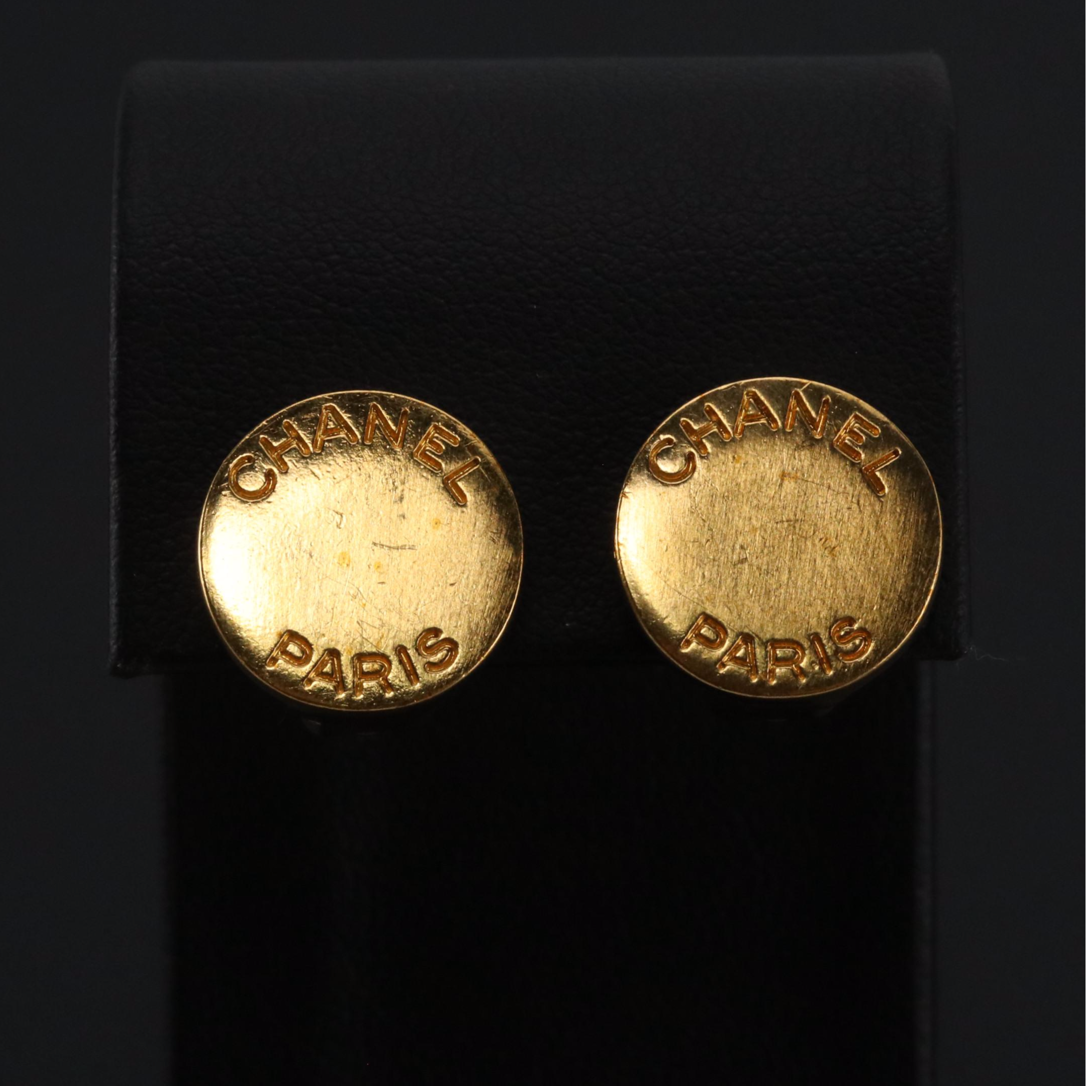 Chanel Gold Tone Logo Button Clip Earrings