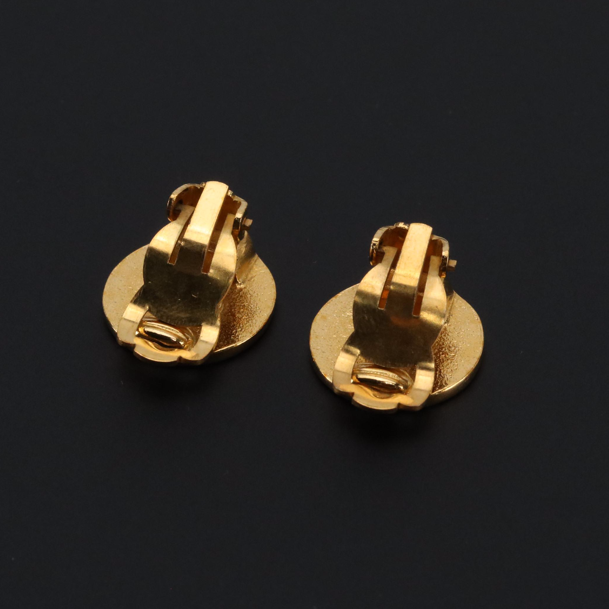 Chanel Gold Tone Logo Button Clip Earrings