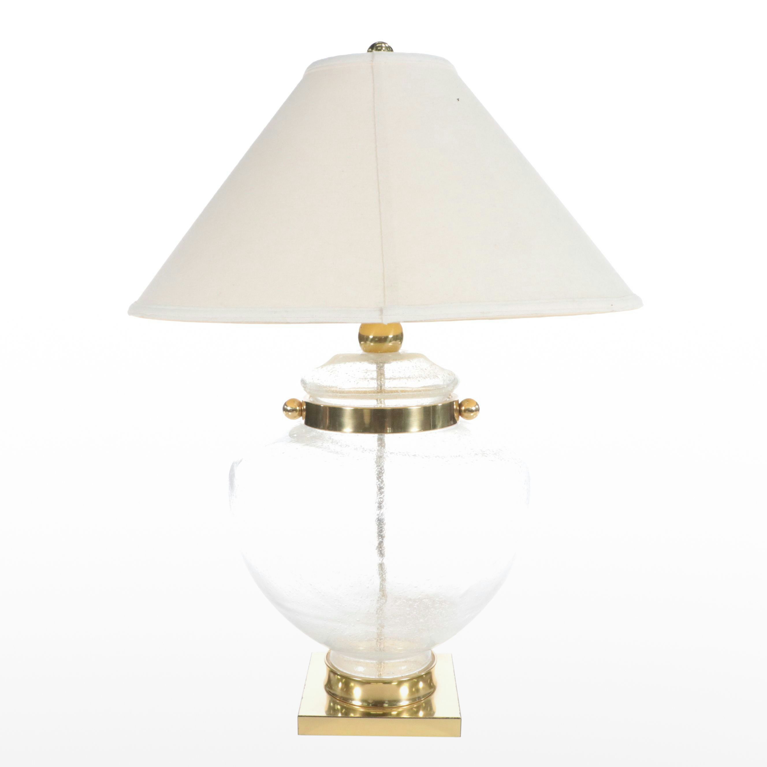 Bulbous Seed Glass and Brass Table Lamp with Cotton Empire Shade
