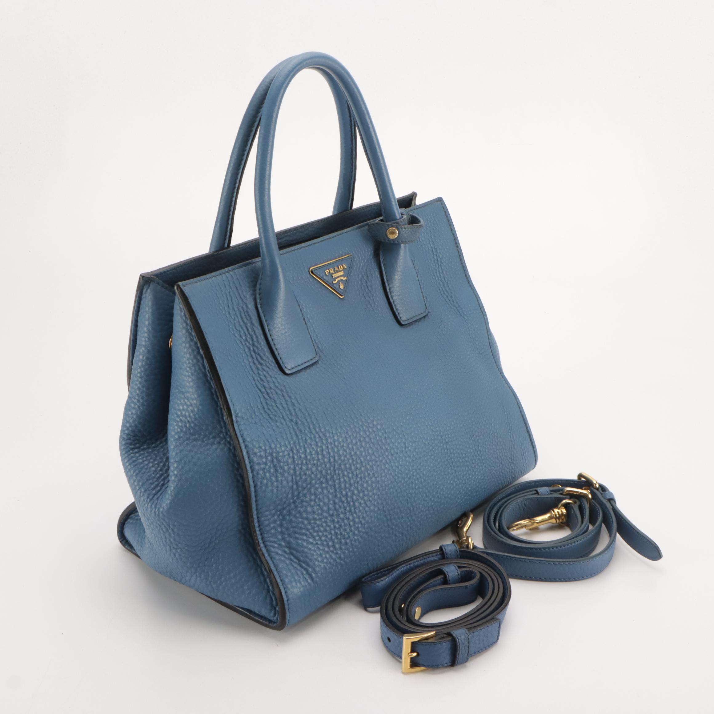 Prada Shopping Two-Way Tote in Blue Vitello Daino Leather