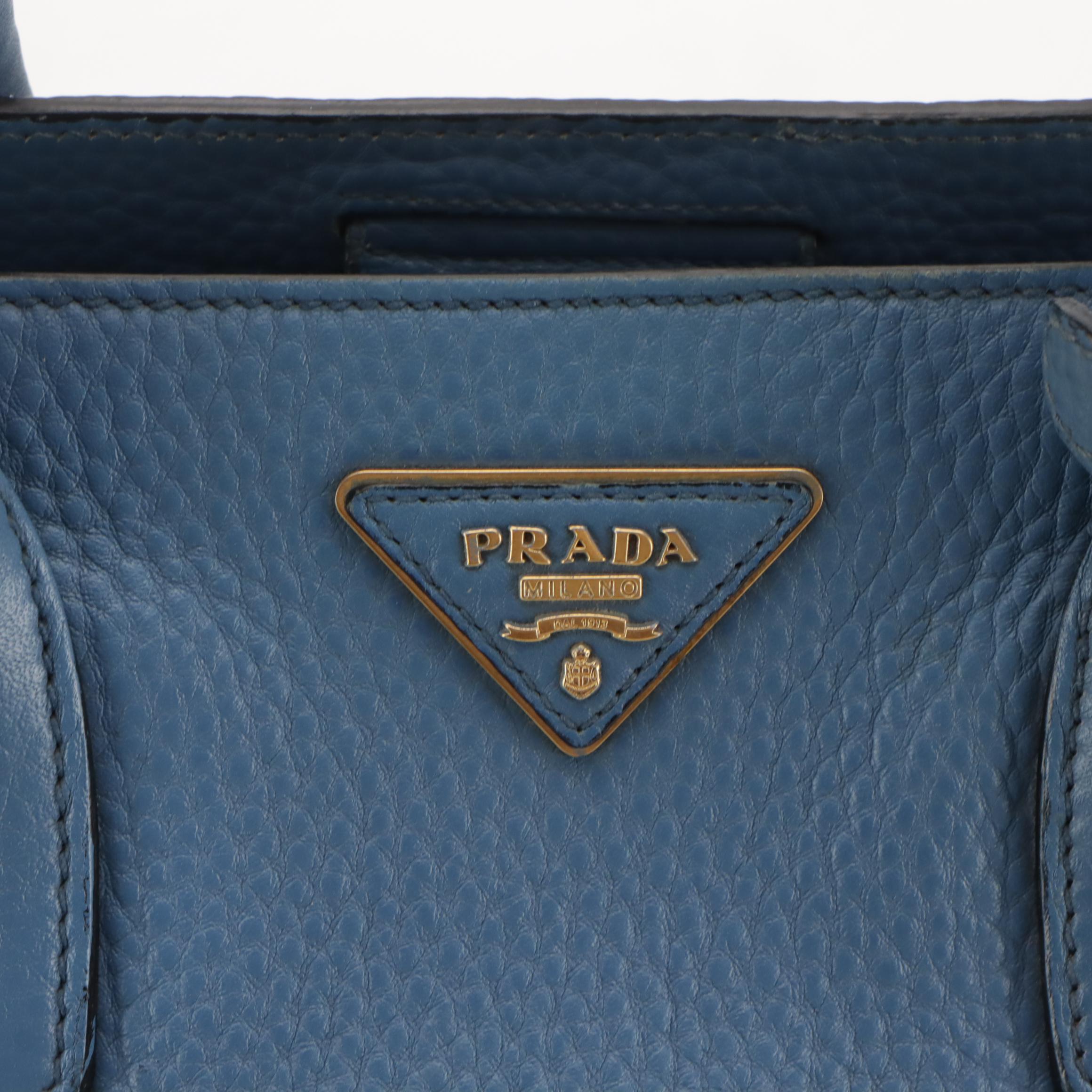 Prada Shopping Two-Way Tote in Blue Vitello Daino Leather