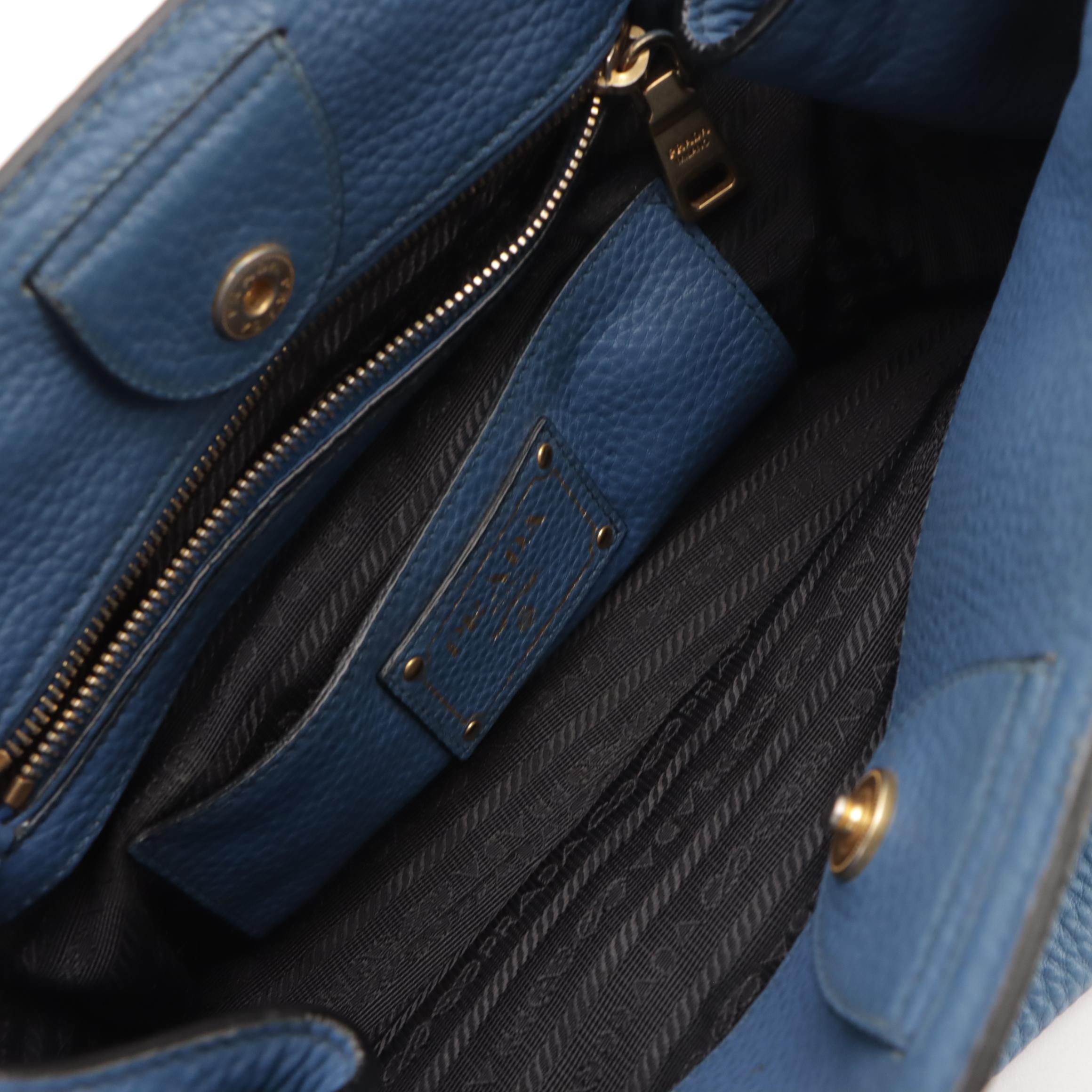 Prada Shopping Two-Way Tote in Blue Vitello Daino Leather